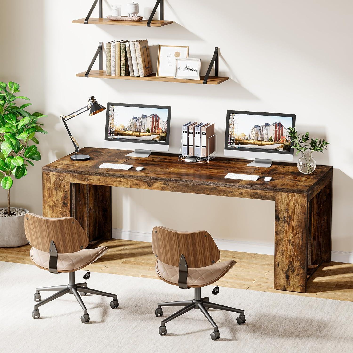 Tribesigns 63-Inch Executive Computer Desk, Industrial Writing Table with Solid Wooden Base for Home Office, Brown
