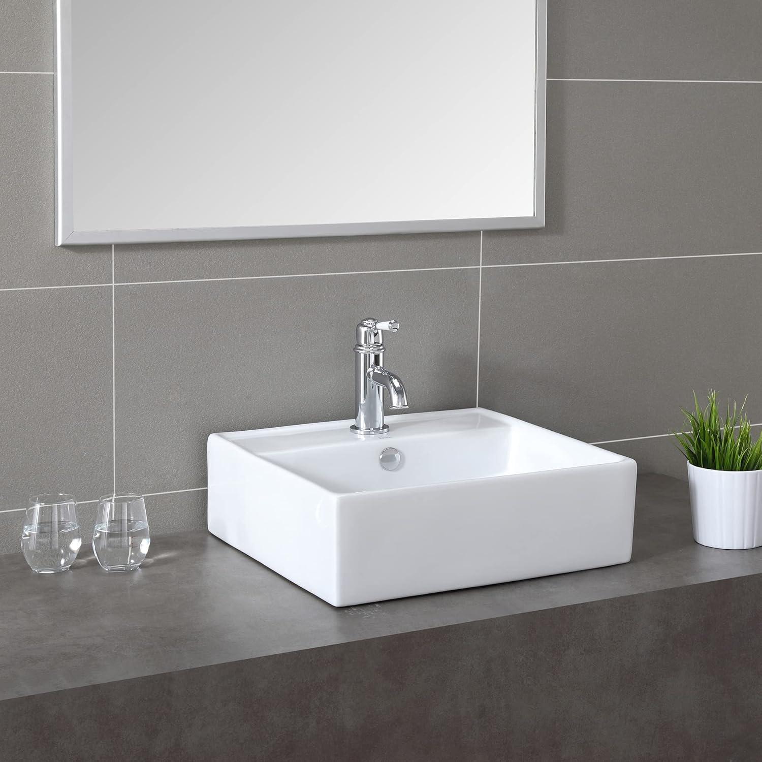 Sleek Square Ceramic Vessel Bathroom Sink with Overflow, 18.5"