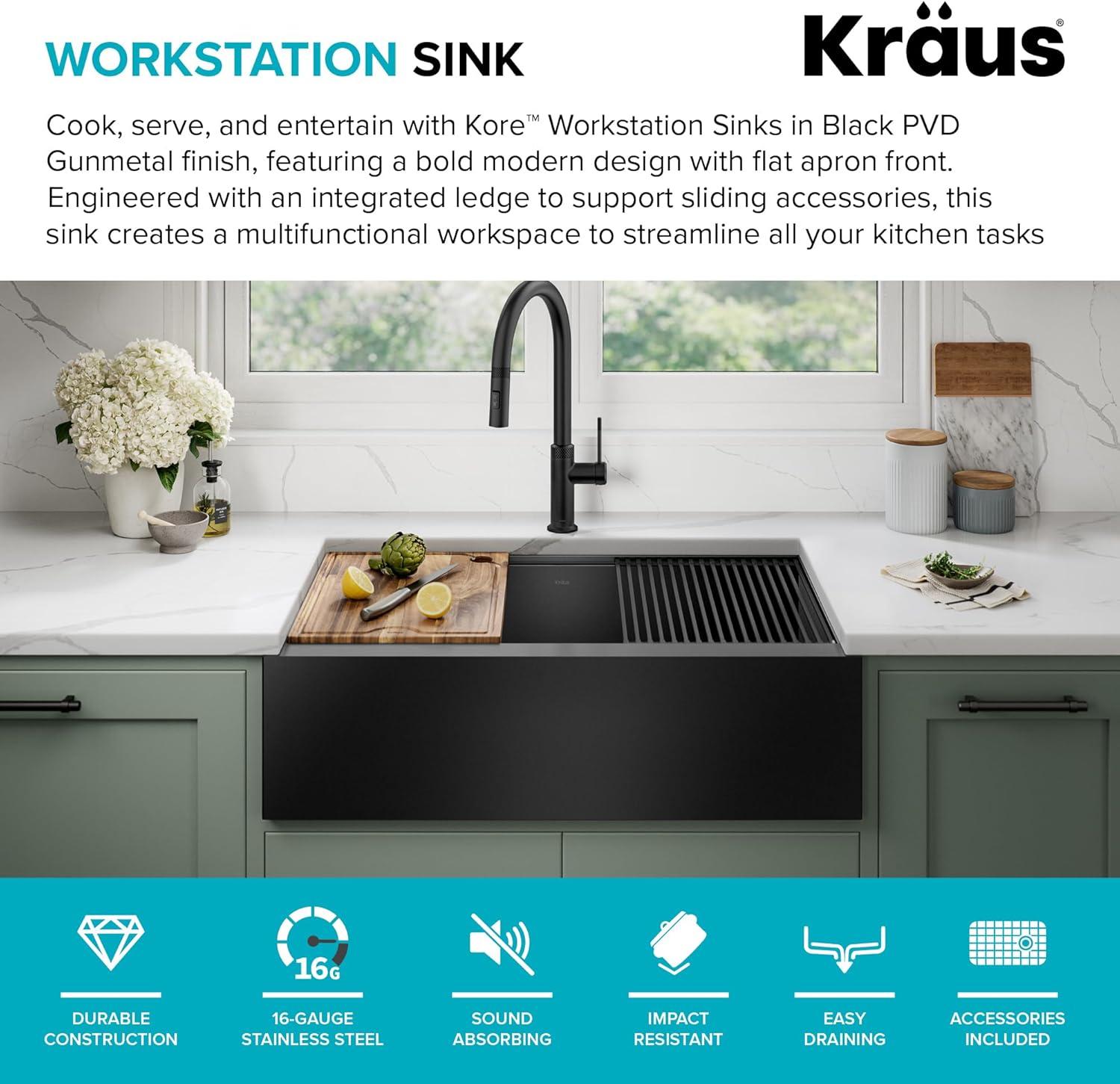 KRAUS Kore™ Workstation 33" L Farmhouse Modern Flat Apron Front 16 Gauge Black Stainless Steel Single Bowl Kitchen Sink