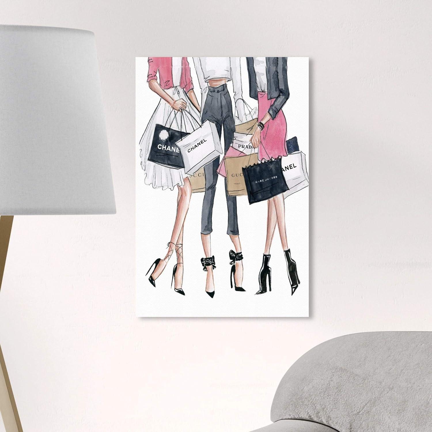 Fashion Shopping Date Canvas Art Print in Pink and White