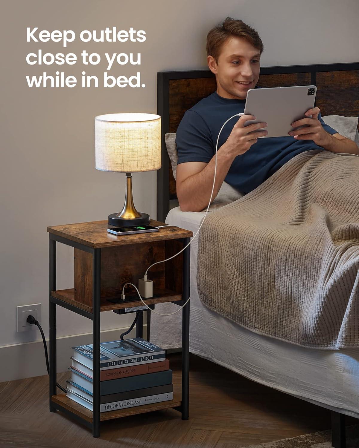 Rustic Rectangular Metal and Wood End Table with Charging Station