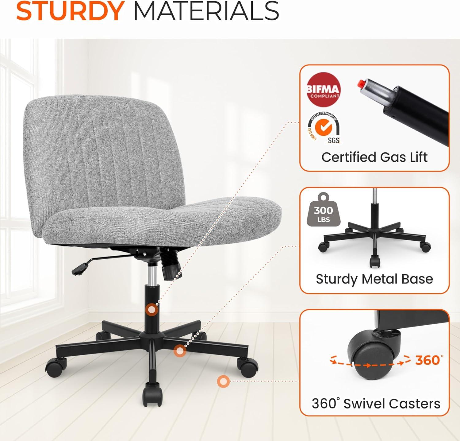 Orange Factory Criss Cross Chair with Wheels, Armless Cross Legged Office Desk Chair, Wide Comfy Vanity Rolling Swivel Modern Comfortable Fabric Computer Task Chairs for Home Office (Grey)