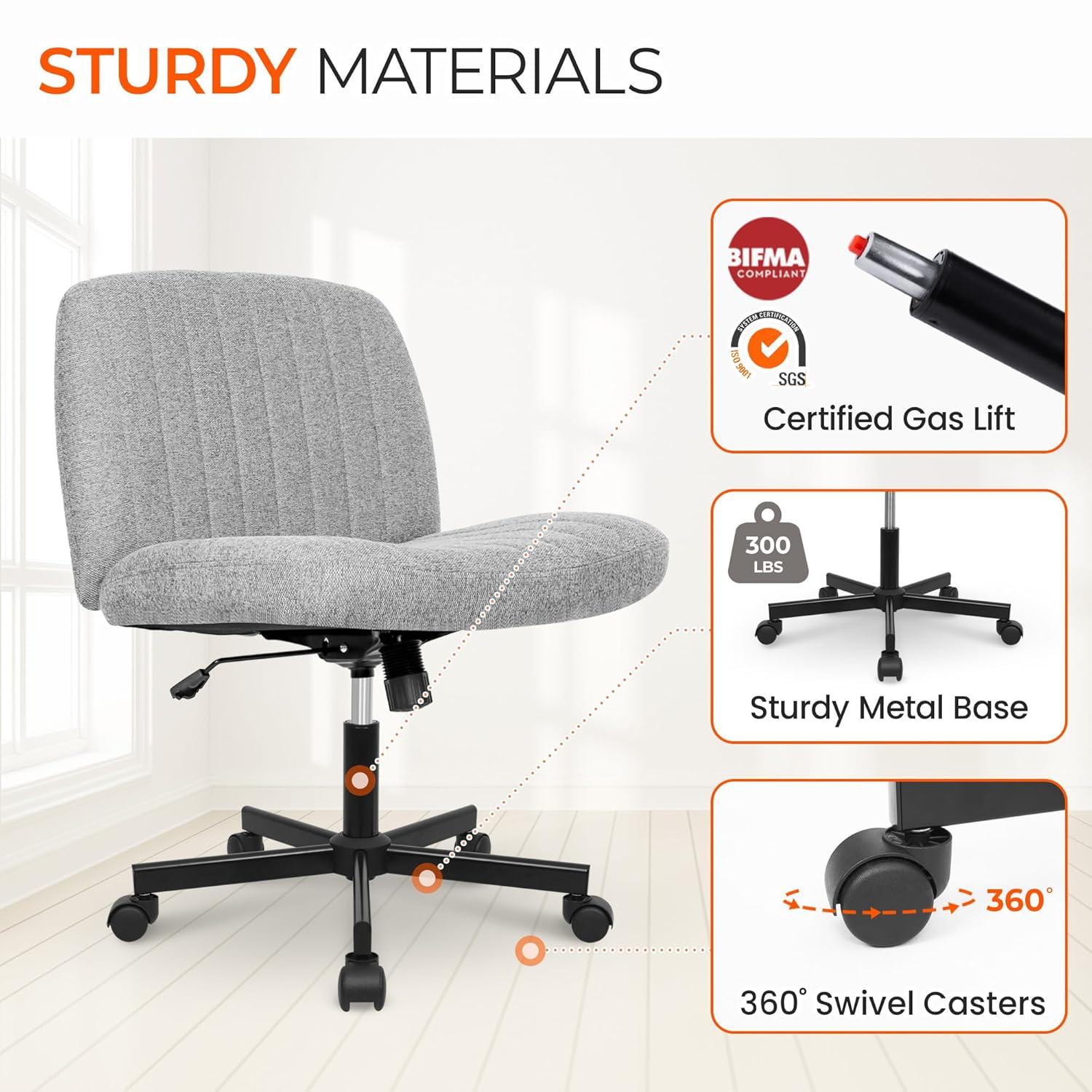 Orange Factory Criss Cross Chair with Wheels, Armless Cross Legged Office Desk Chair, Wide Comfy Vanity Rolling Swivel Modern Comfortable Fabric Computer Task Chairs for Home Office (Grey)