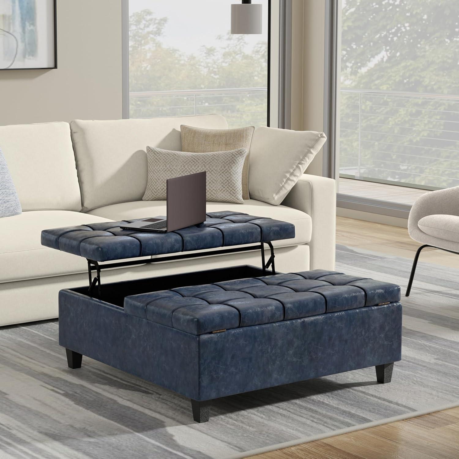 Denim Blue Tufted Vegan Leather Storage Ottoman Coffee Table