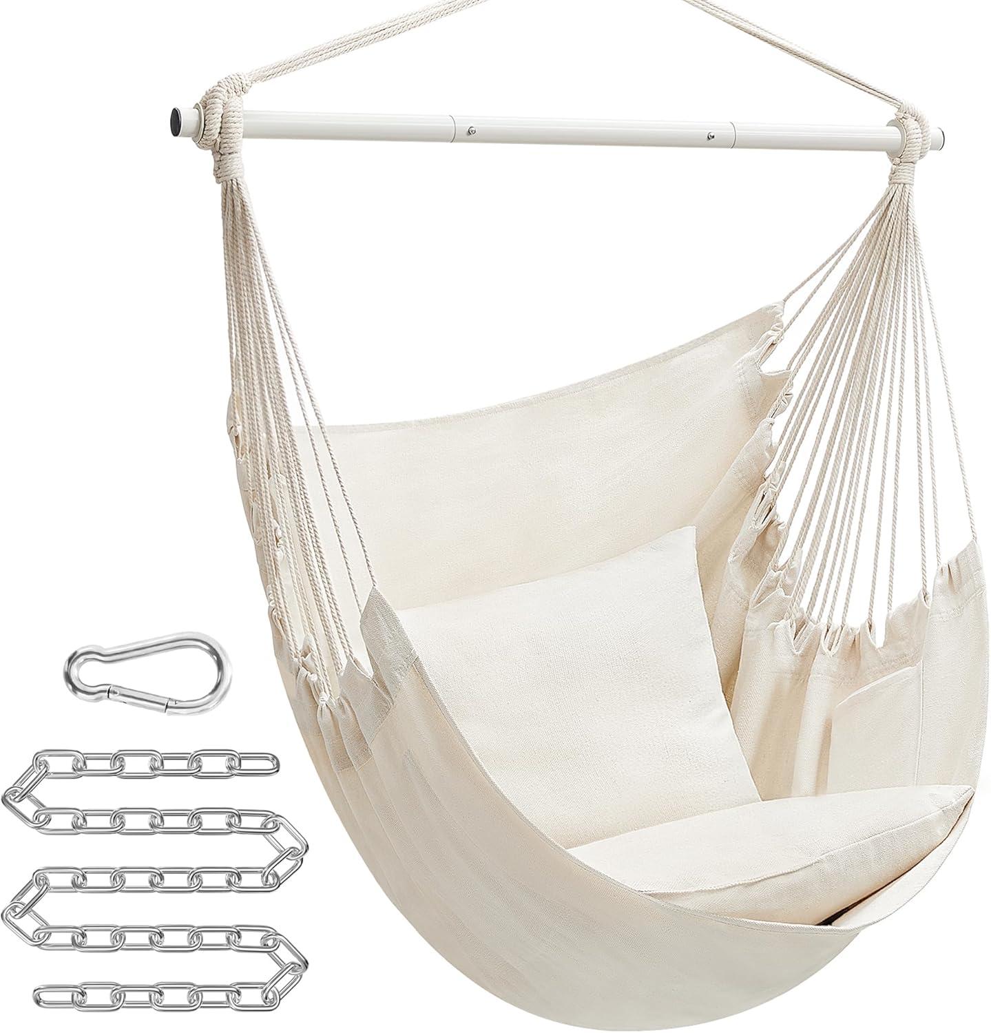 SONGMICS Hammock Chair, Load Capacity 500 lb, Hanging Chair with 2 Cushions, Large Hammock Swing with Chain and Pocket, for Indoor, Outdoor, Living Room, Bedroom, Cream White UGDC197M01