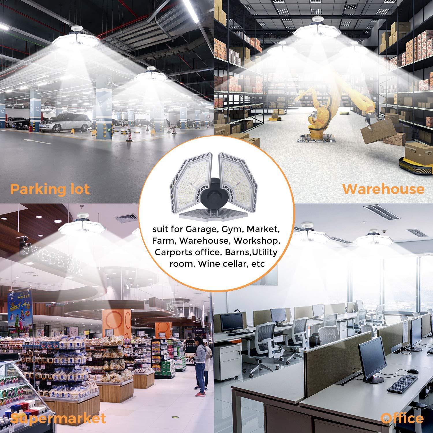 KERNOWO LED Garage Lights, 140W 18500 Lumens Garage Lighting, 6000K Daylight with Deformable Three Panel Ceiling Light Fixture E26/E27 Triple Glow LED Shop Light for Basement Workshop Warehouse