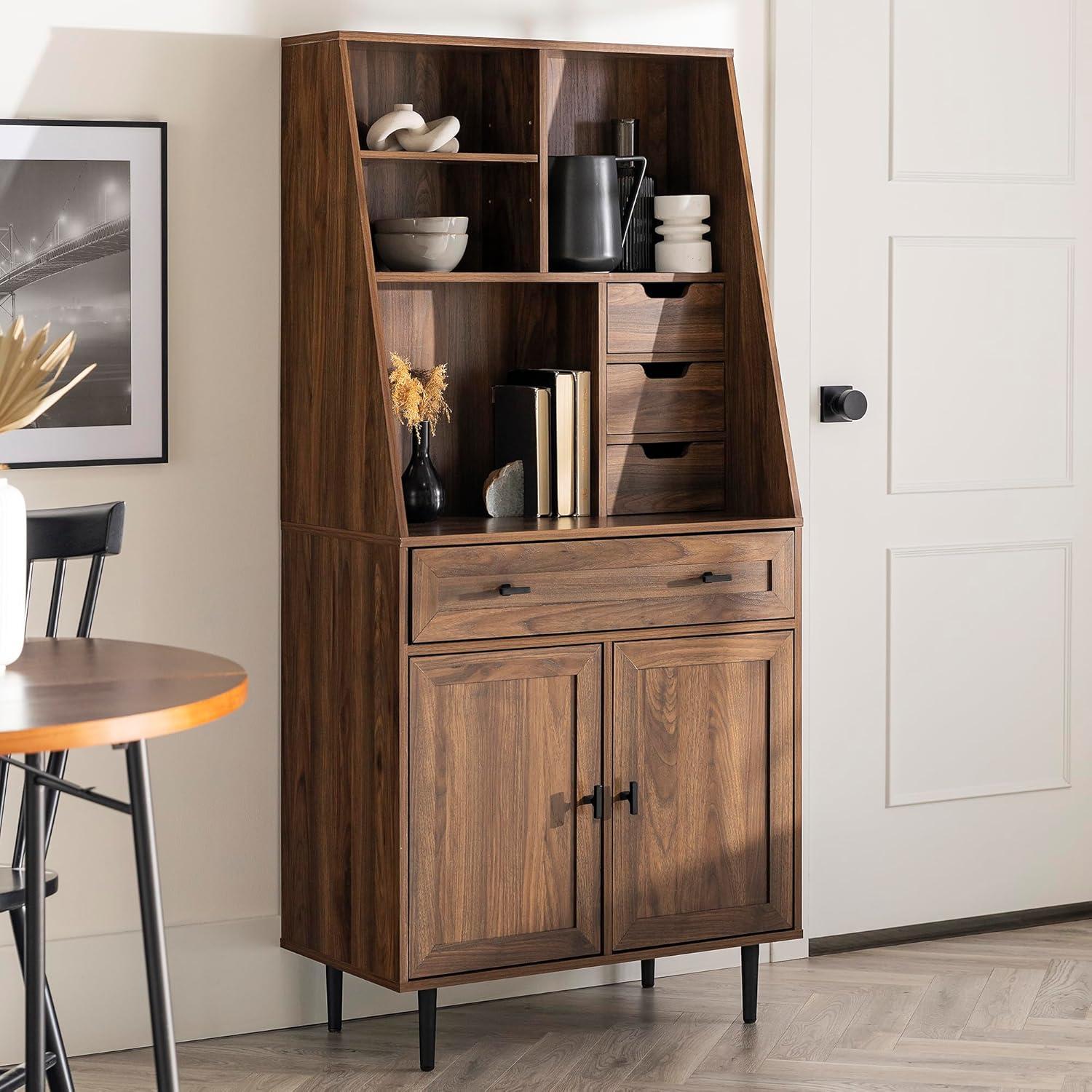 Walker Edison Bromberg Storage Desk with Hutch, Dark Walnut