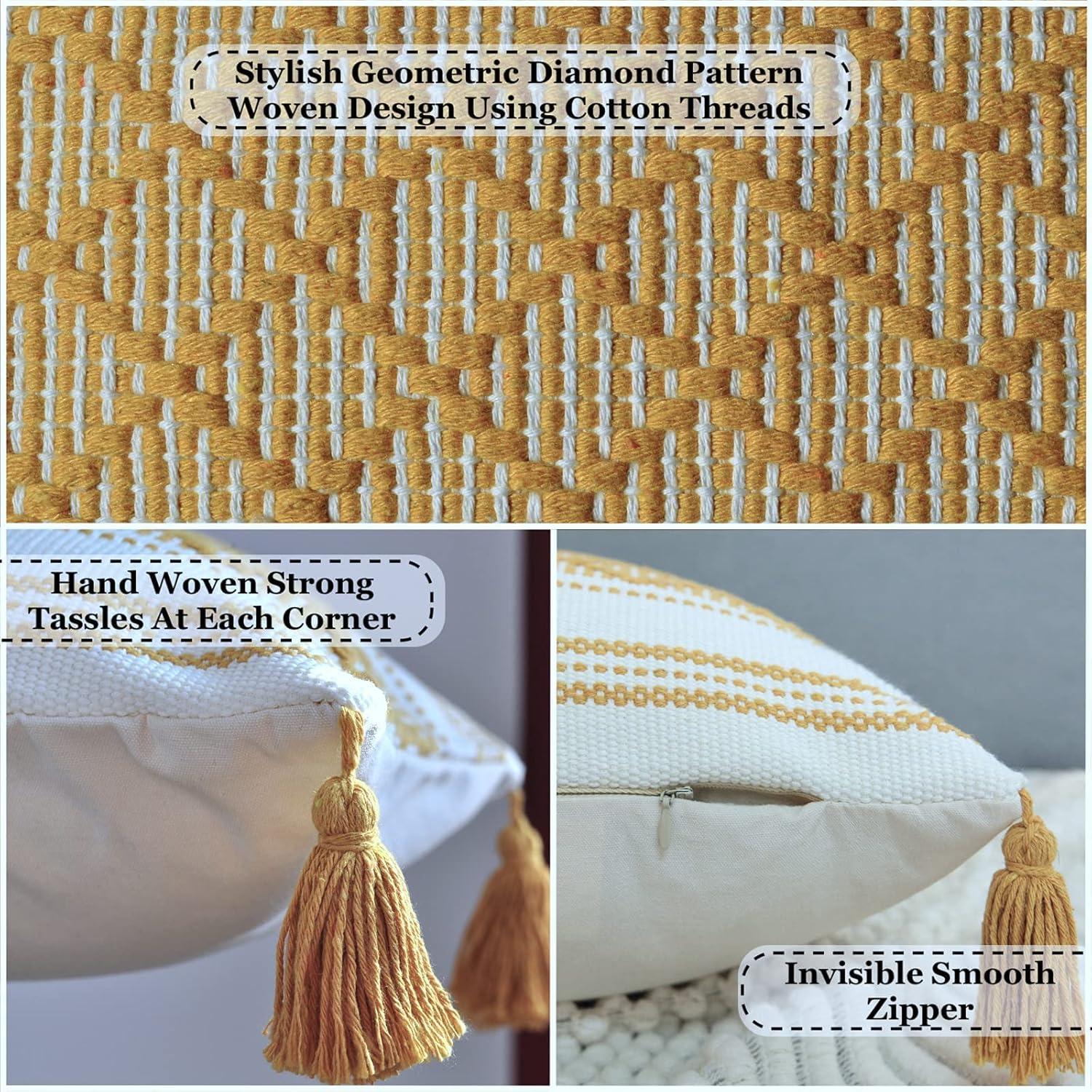 Oveesha Boho Lumbar Pillow Covers With Tassels, Outdoor/ Indoor Cotton Woven Rectangular Pillowcases (Set of 2)