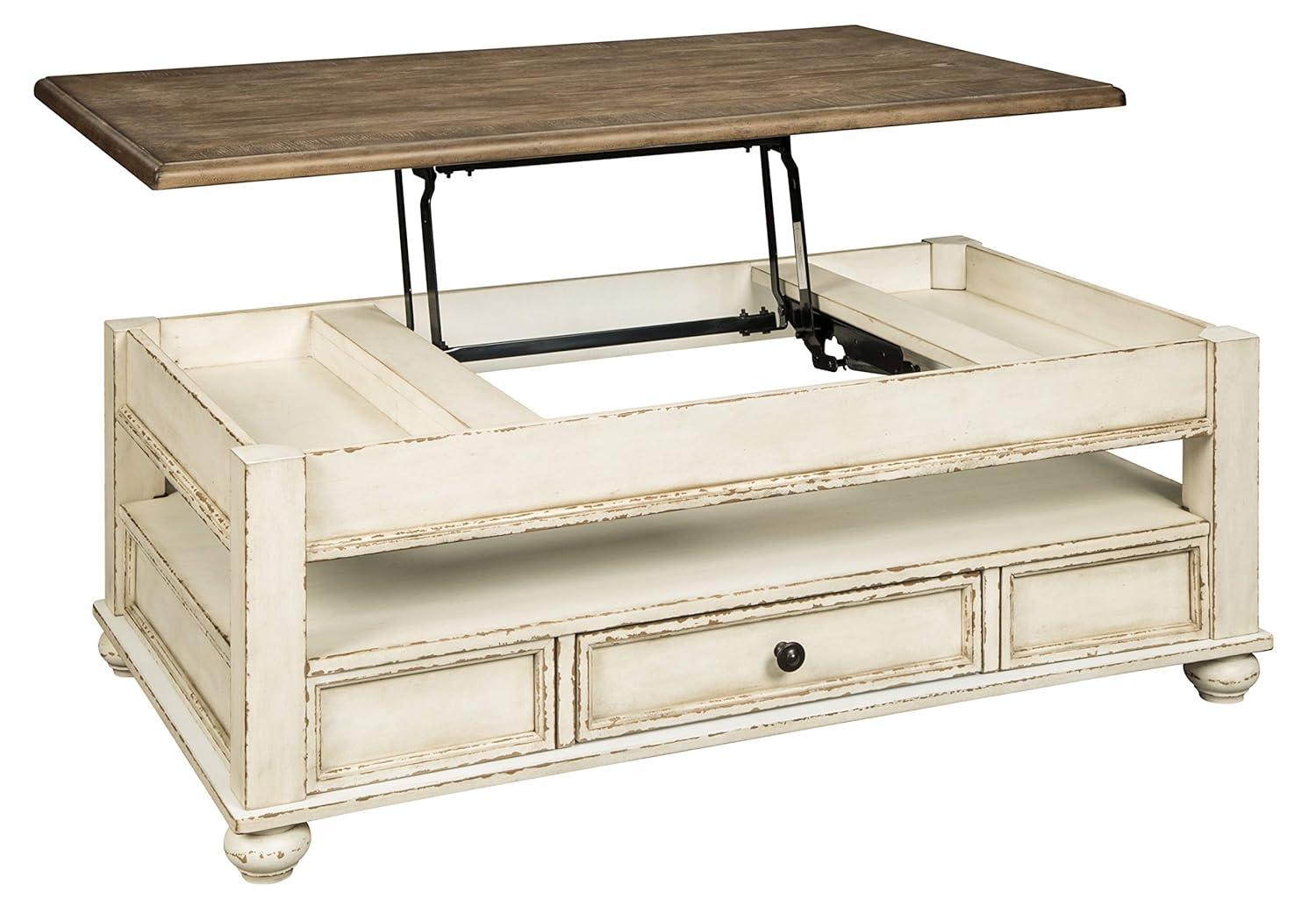 Realyn Coffee Table with Lift Top White/Brown - Signature Design by Ashley: Mid-Century Style, Storage, Wood Legs