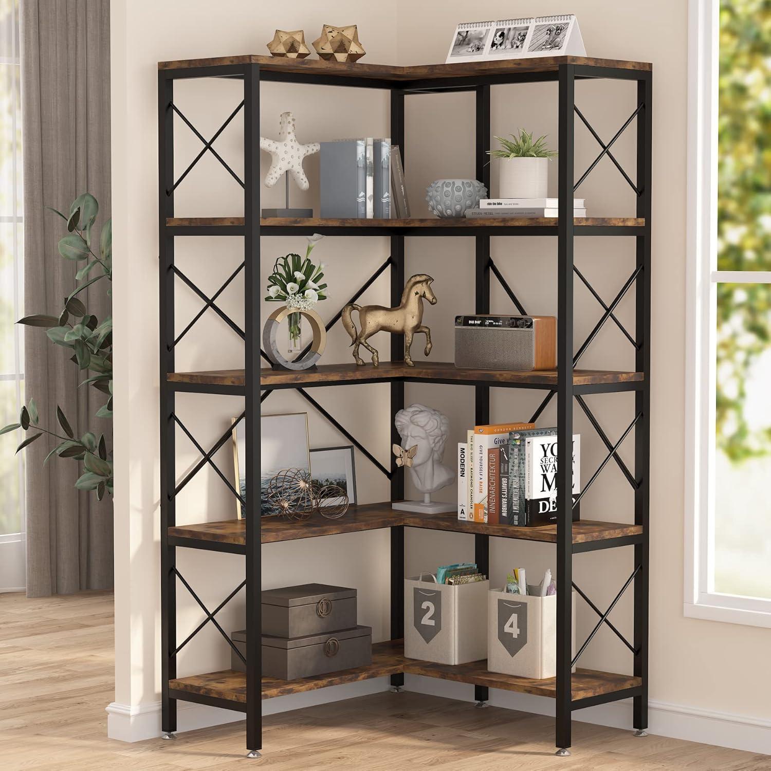 Rustic Brown 5-Shelf Corner Bookcase with Metal Frame