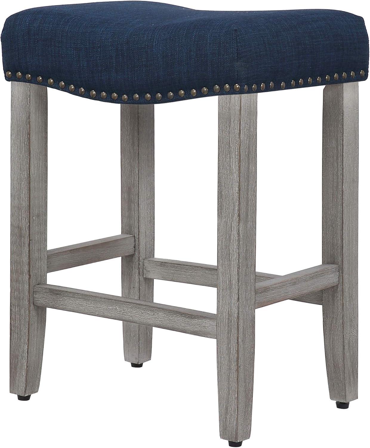 Antique Gray and Navy Blue Saddle Style Wood Bar Stool, 24"