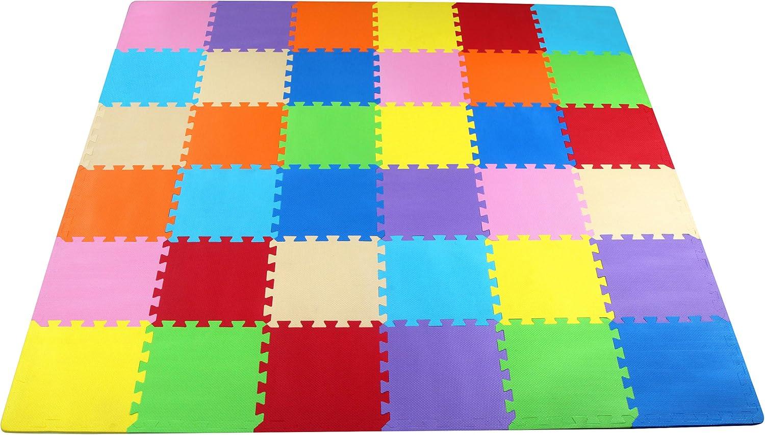 BalanceFrom 0.4 Inch Thick Large Non Slip Interlocking EVA Foam Puzzle Home Floor Play Mat Set w/ Edges & 36 Tiles in 9 Colors, Covers 36 Square Feet