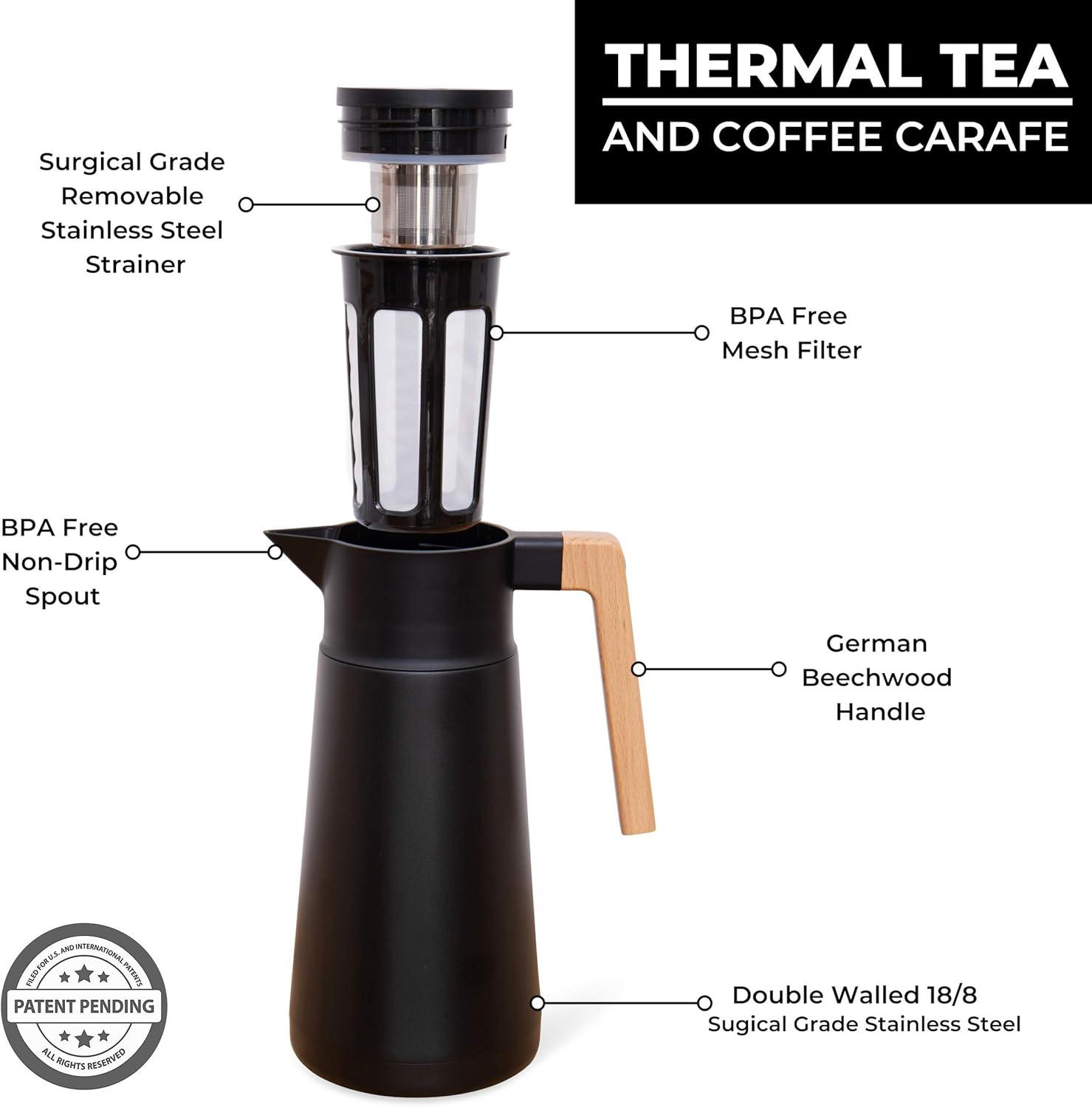 Black Stainless Steel Thermal Coffee Carafe with Wooden Handle