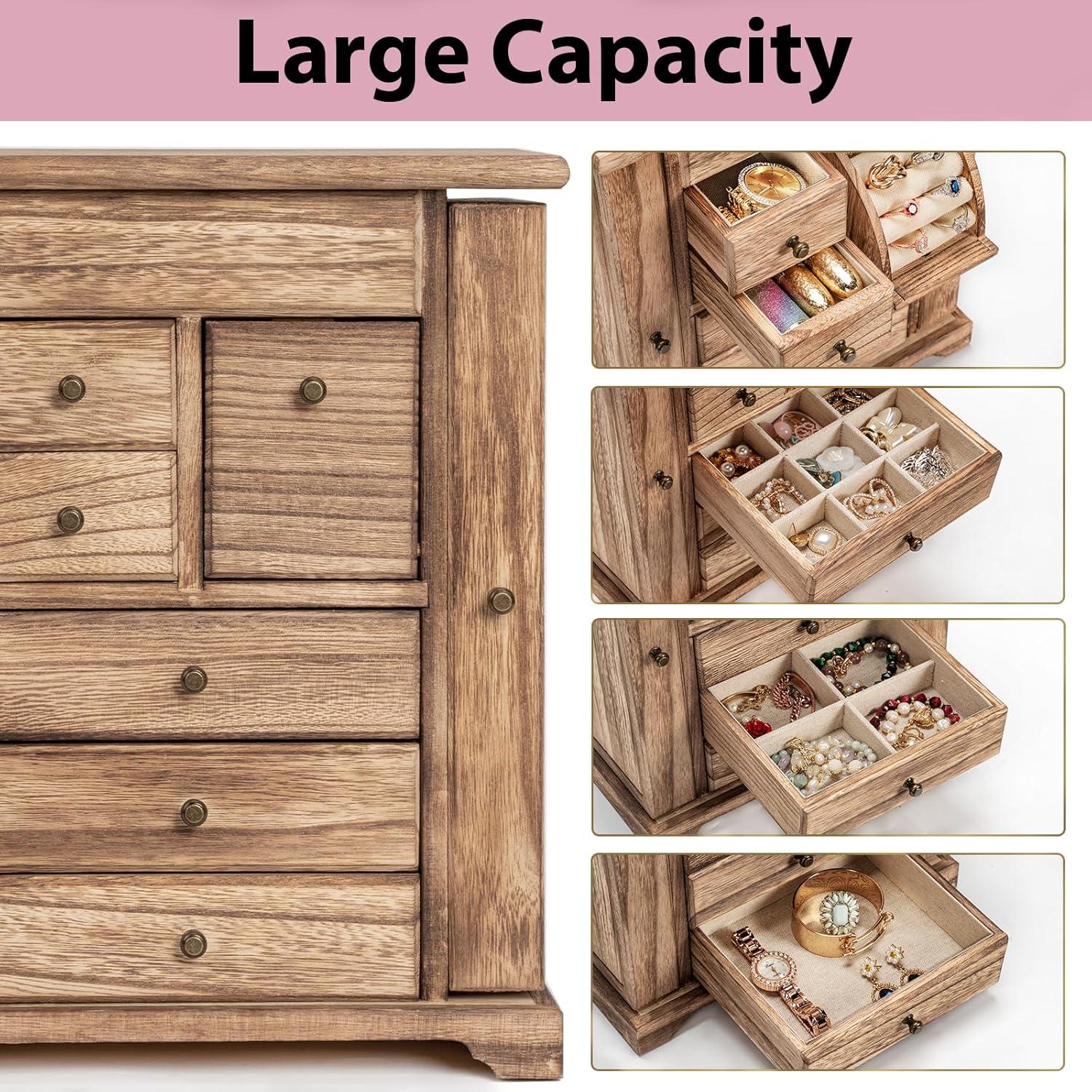 Loon Peak® Jewelry Box, Rustic Wooden Jewelry Boxes & Organizers With Mirror & Drawers,6 Layer Jewelry Organizer Box For Rings Earrings Necklaces Bracelets (Carbonized Black)