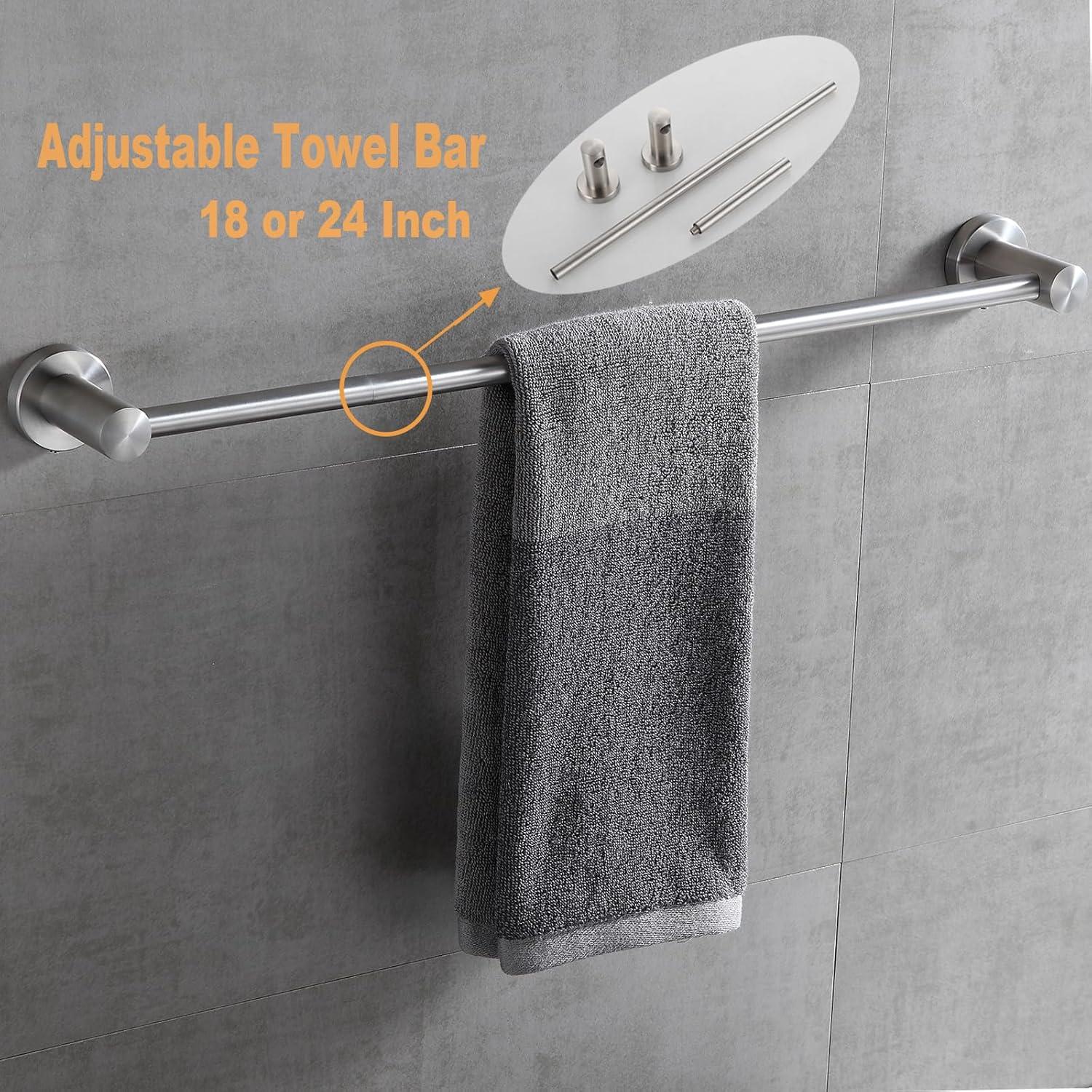 Orlif 4-Piece Bathroom Hardware Set，Brushed Nickel SUS304 Stainless Steel Wall Mounted Bathroom Accessories Kit Include Adjustable Expandable Towel Bar，Hand Towel Ring, Toilet Paper Holder, Robe Hook