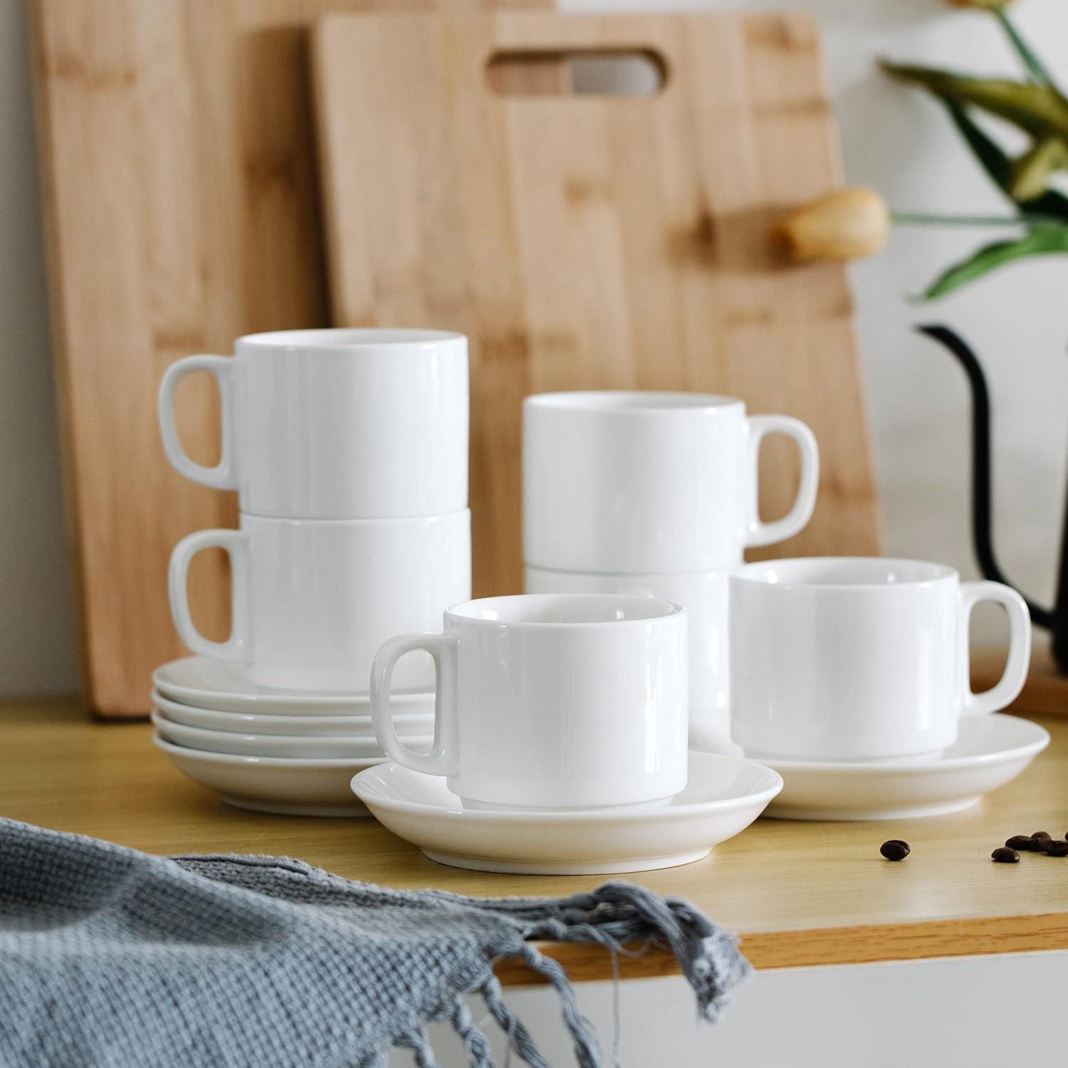 White Porcelain Stackable Tea Cups and Saucers Set of 6