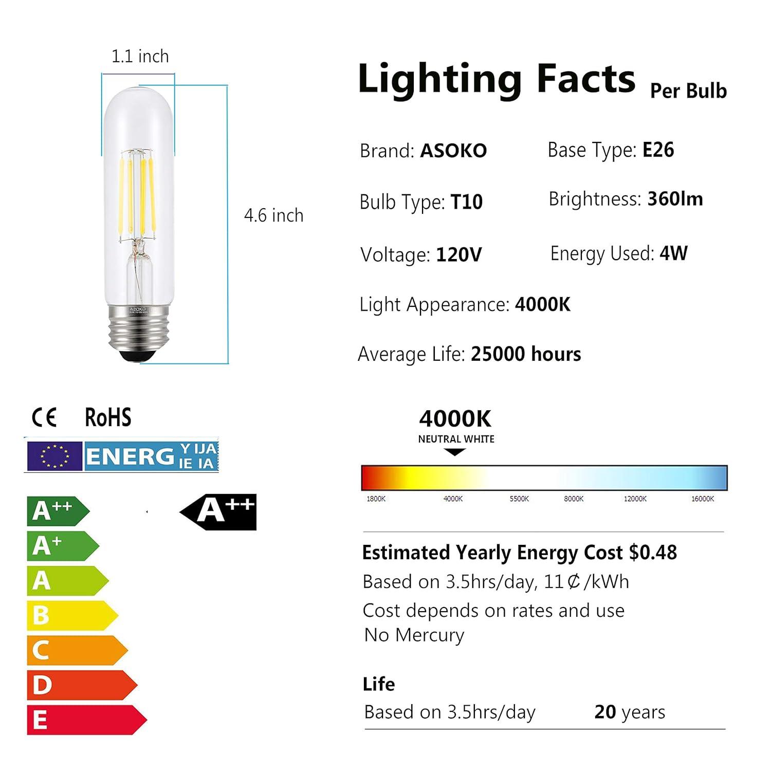 ASOKO Edison Bulb, T10 Daylight 4000K LED Tubular 4W Dimmable Tube Vintage Bulbs 40 Watt Equivalent,E26 Base(3-Pack)