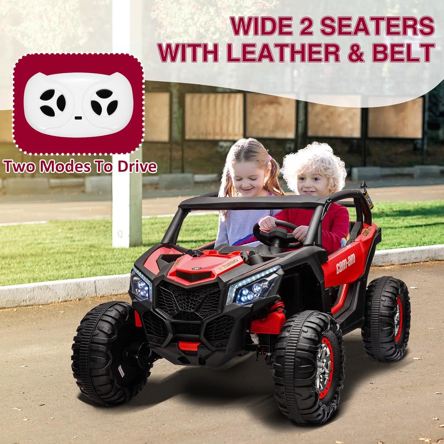 Huloretions Two Seater 24V Kids Ride on UTV Car, 4WD 300W Motors Powerful Electric Vehicle w/Remote Control, 4 Shock Absorbers, Leather Seats, Music and Lights, Electric Car for Kids
