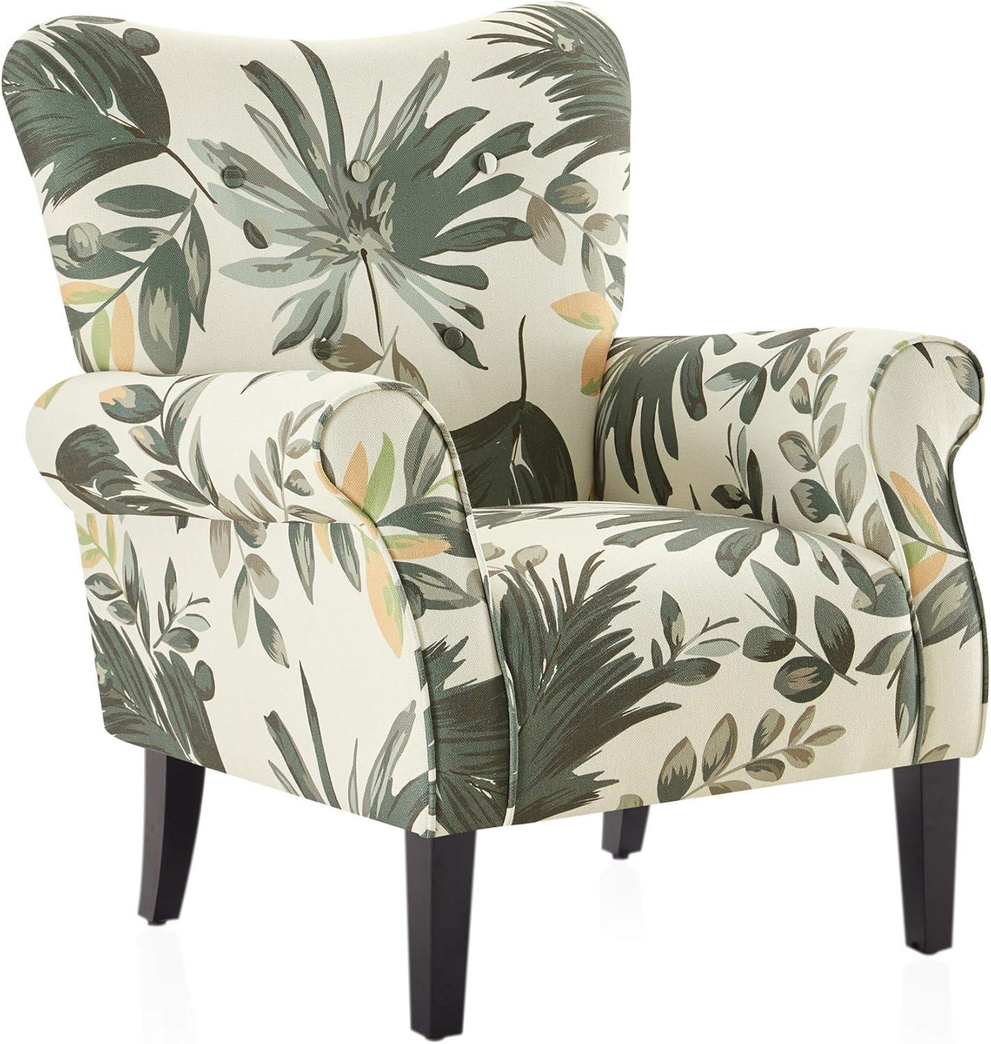 Green Floral Tufted Back Accent Chair with Wood Legs