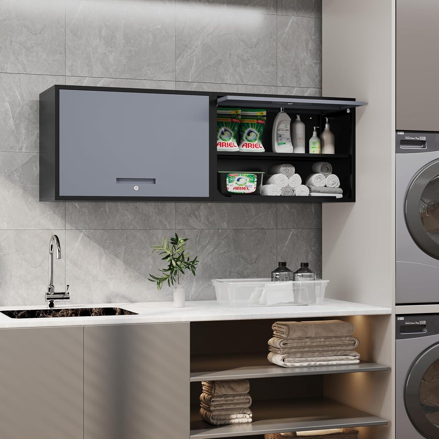 Metal Storage Cabinet Black Wall Cabinets with Shelf and Locking Door - Wall Mounted Storage Cabinet for Garage Warehouse Home Office - Assembly Required