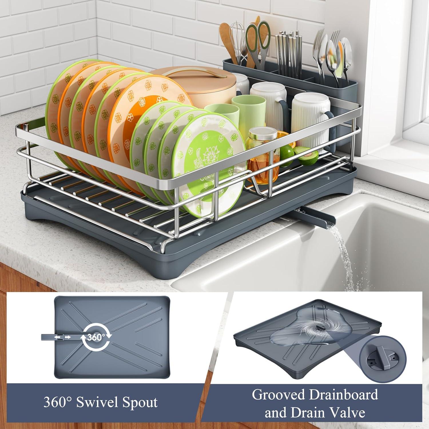 Dish Drying Rack - Stainless Steel Dish Rack for Kitchen Counter, Large-Capacity Dish Drainer with Cutlery Holder, Kitchen Organizer for Dishes, Spoons and Forks, Black