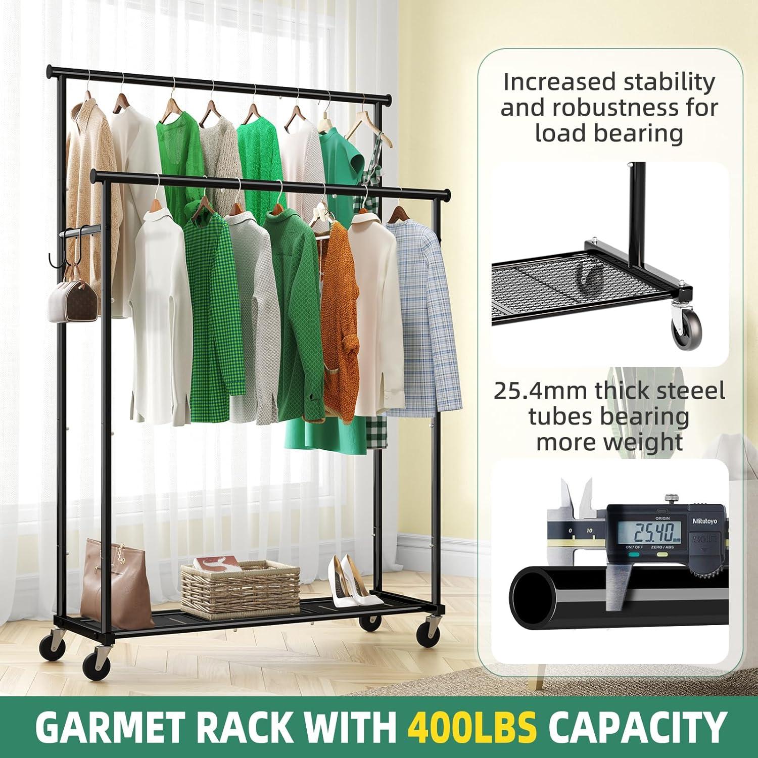 Black Heavy Duty Double Rod Garment Rack with Mesh Shelf