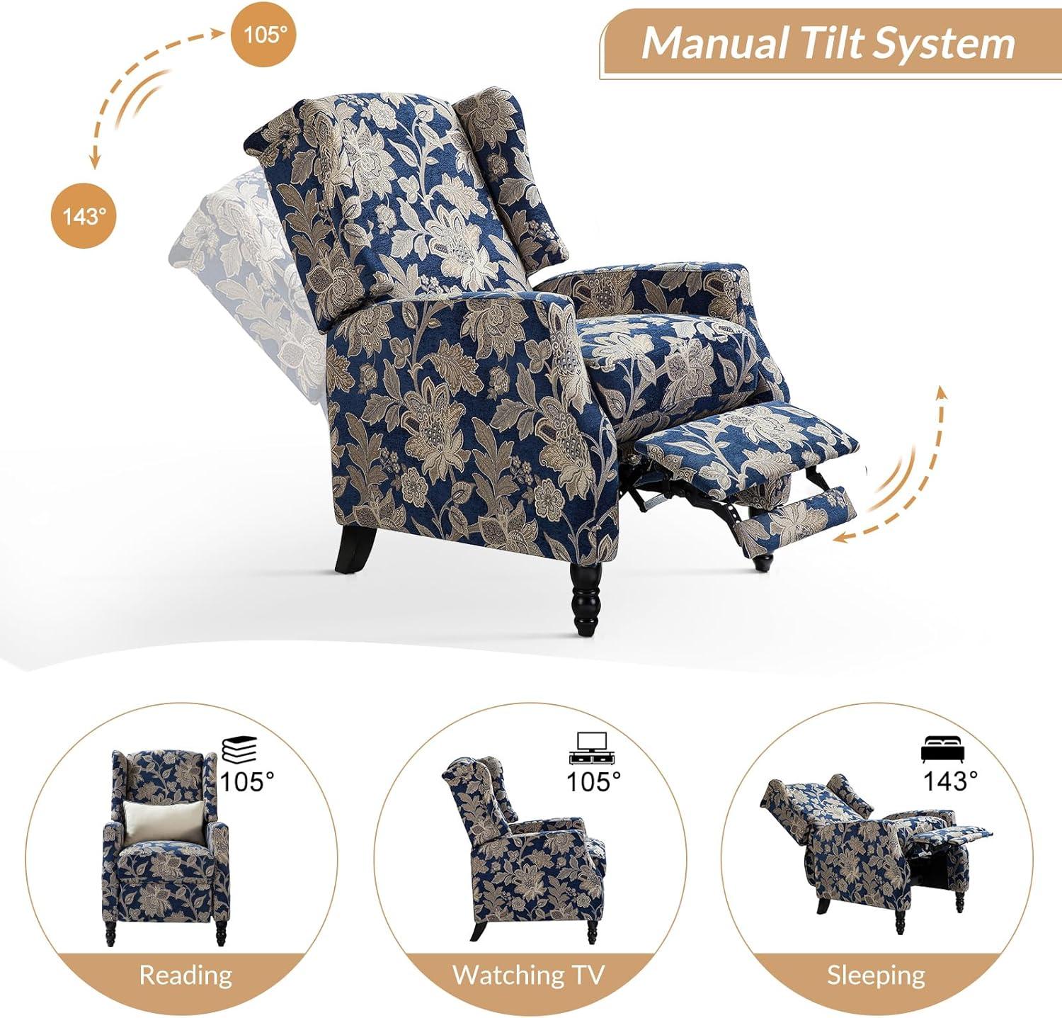 Recliners Push Back Accent Chairs Set of 2 Wingback Manual Fabric Upholstered Armchairs Sofa Home Theater Couches Garden