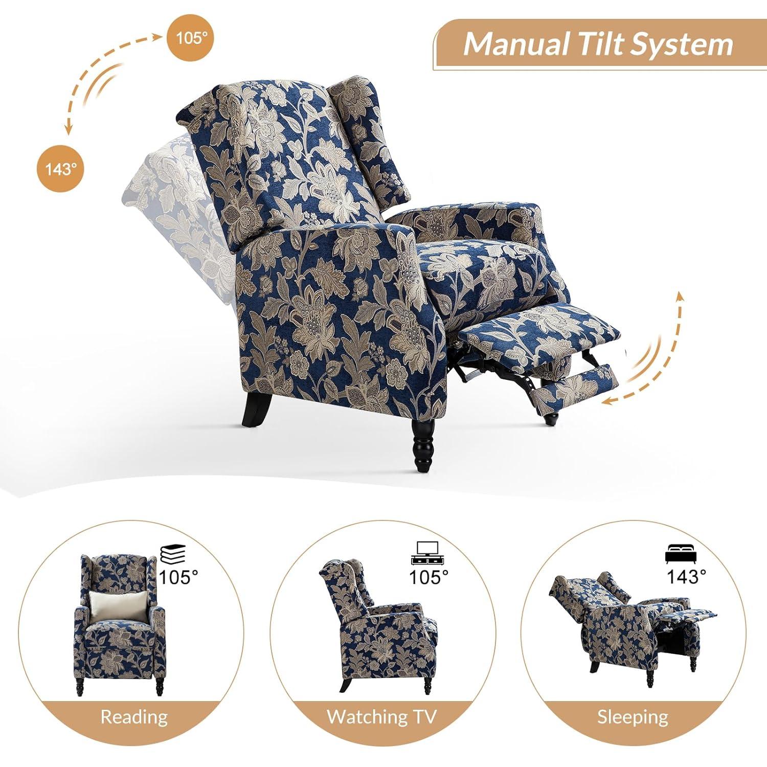 Push Back Recliner Chair Set of 2 Wingback Manual Fabric Upholstered Home Theater Couches Garden