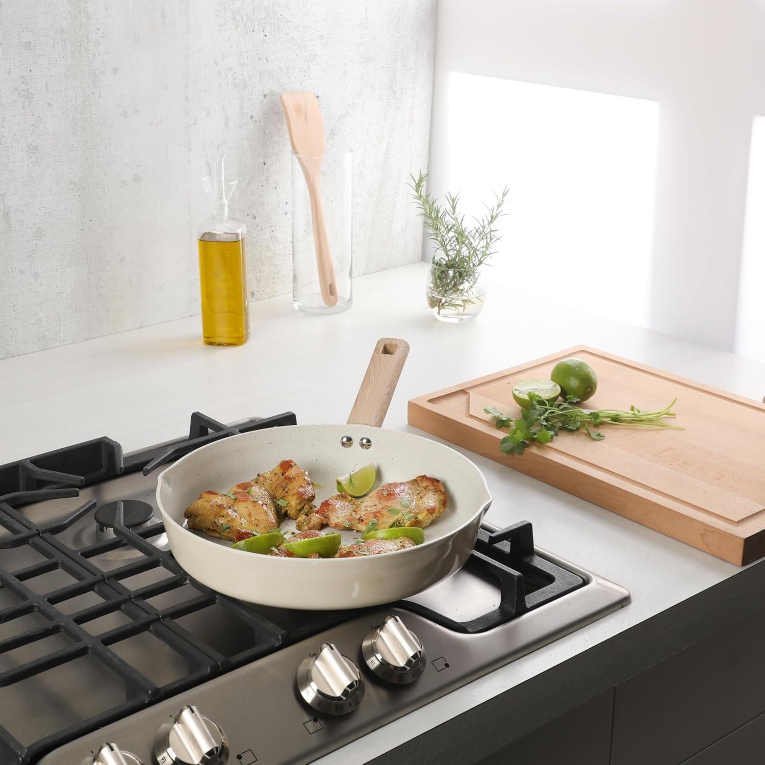 Gibson Home 137732.01 11 in. Marbleton Ceramic Nonstick Aluminum Frying Pan, Cream