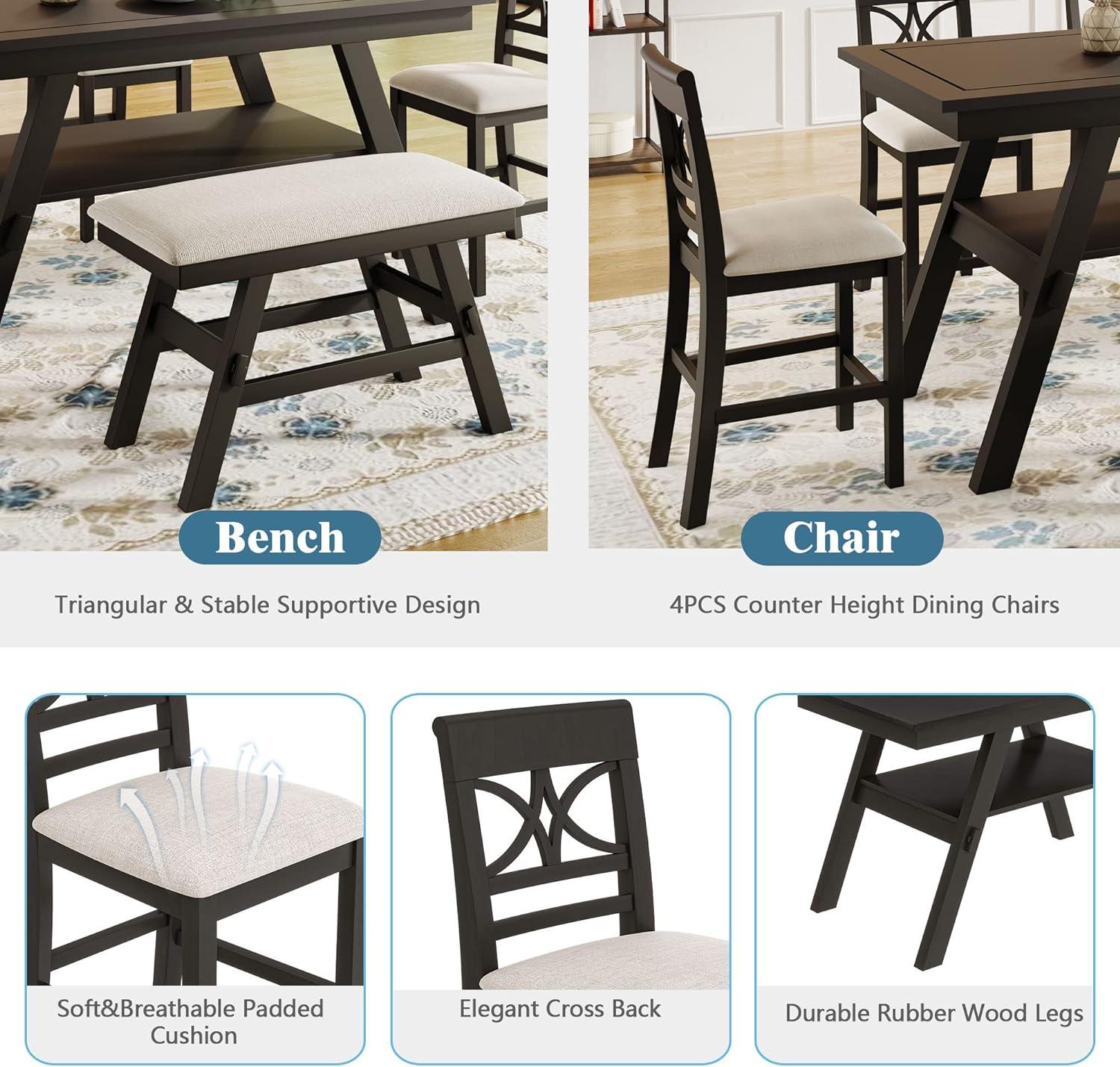 Espresso 6-Piece Counter Height Dining Set with Beige Cushions