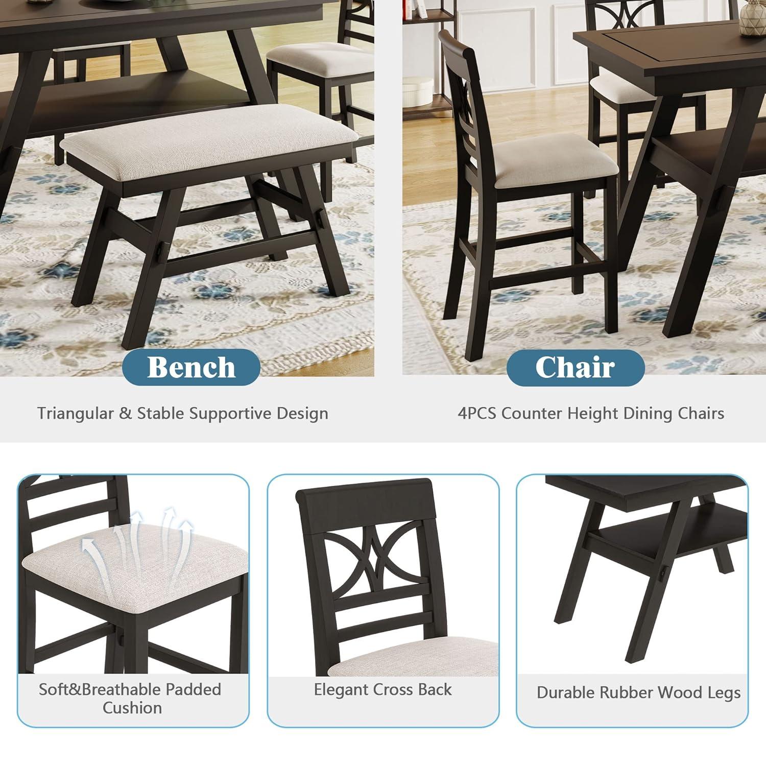6-Piece Wood Counter Height Dining Table Set with Storage Shelf, 4 Beige Cushion Chairs and Bench, Rustic Style, Espresso