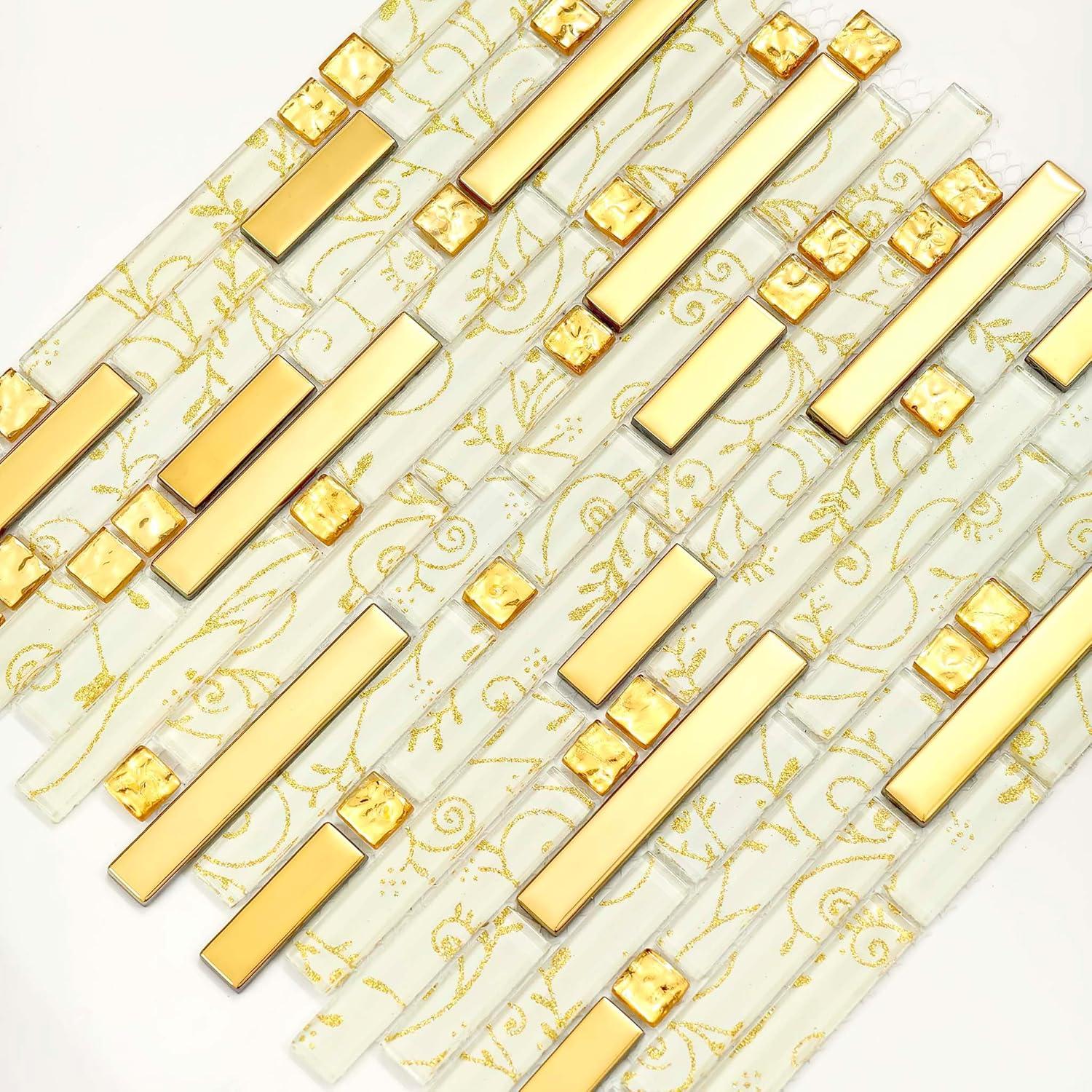 Metallic Glass Tile Luxury Gold Linear Interlocking Elegant Floral Pattern Accents Mosaic for Kitchen Backsplash Bathroom Wall and Fireplace Decor (3x12 Sample)