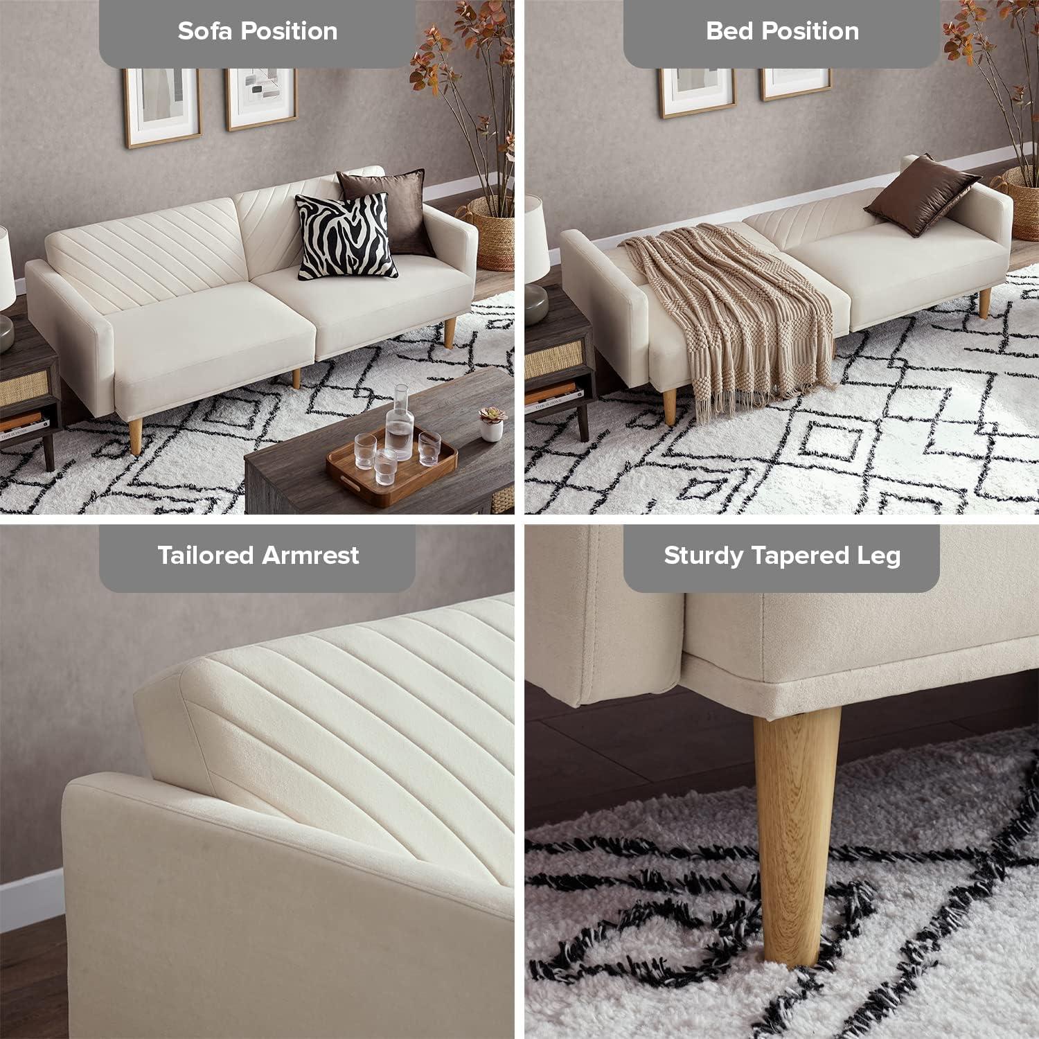 Mopio Chloe Futon Sofa Bed, Limited Edition Snow Velvet Sleeper Sofa with Tapered Legs. 77.5"