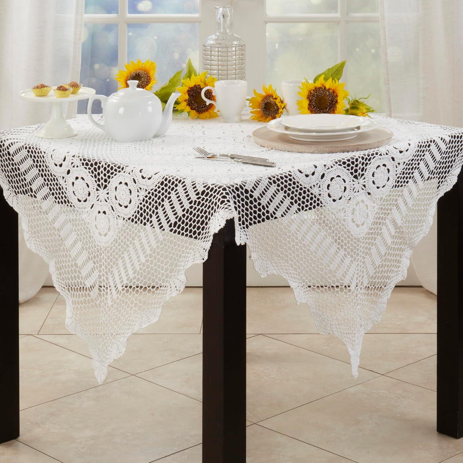 Saro Lifestyle Handmade Crochet Cotton Lace Table Linens, White, 54" x 54"