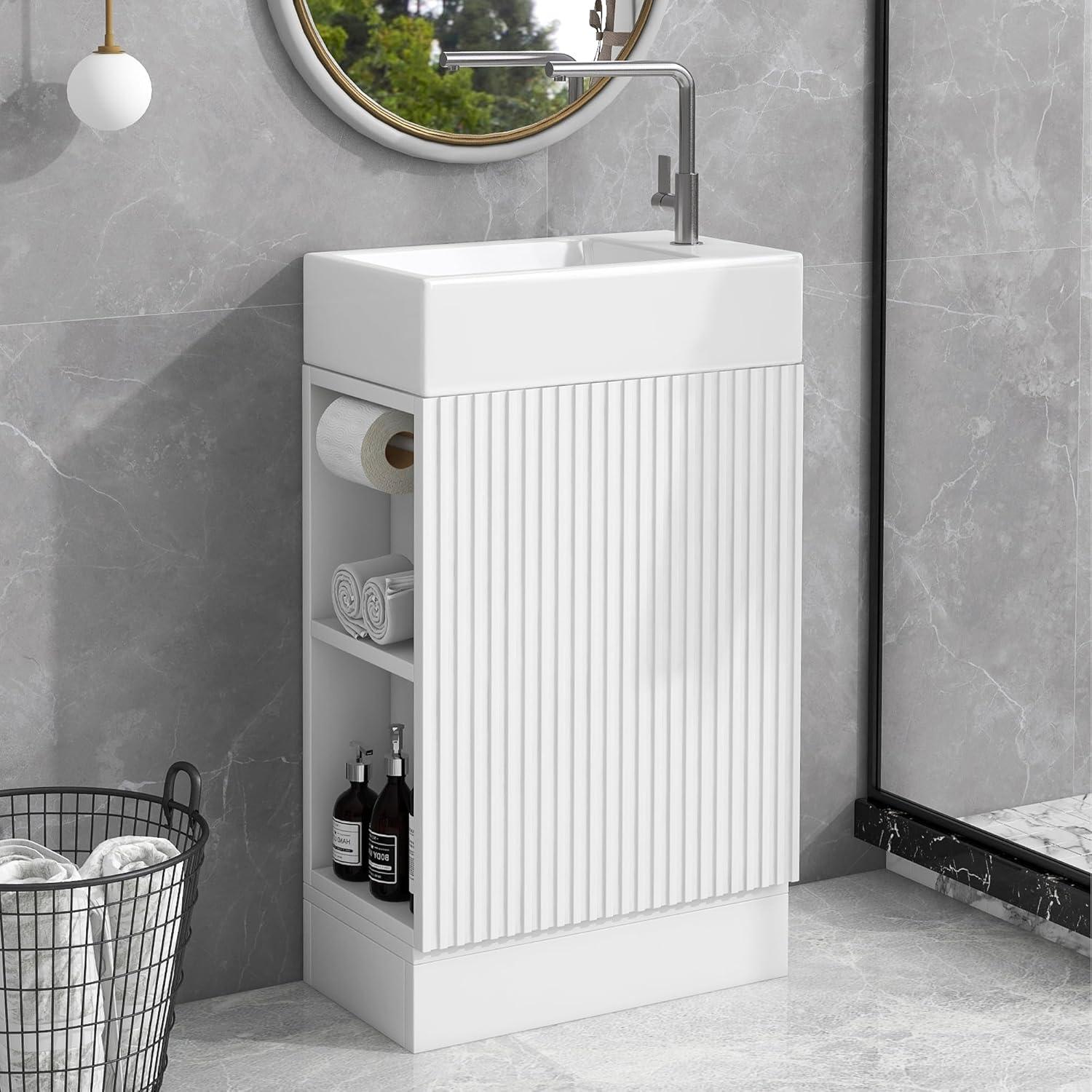 White Freestanding Bathroom Vanity with Sink and Storage Shelves