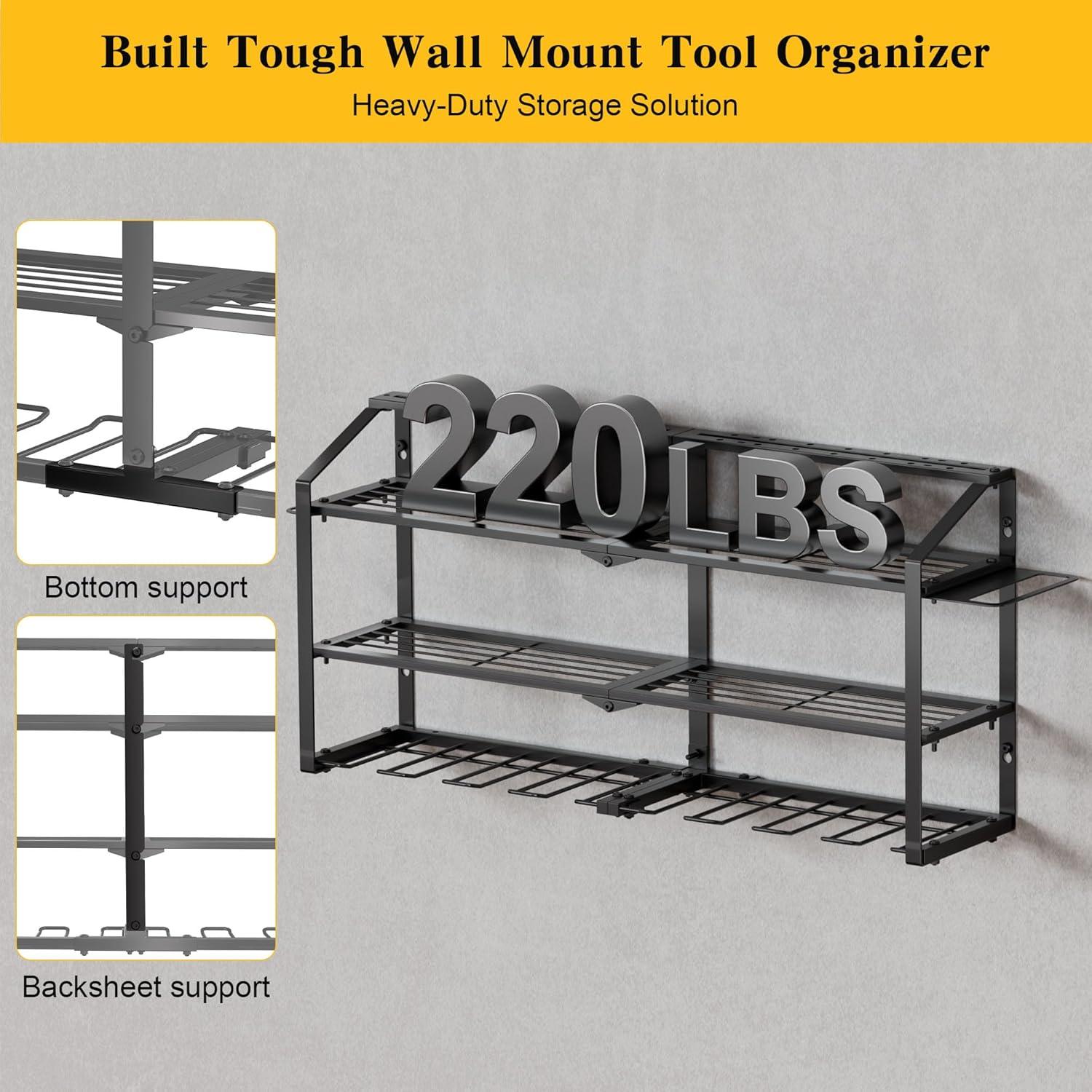 Spampur Power Tool Organizer Wall Mount with Charging Station, Garage Tool Shelf 6 Drill Holders, Tool Battery Holder with Plier holder Heavy Duty Rack, Tool Storage Rack with 4 Outlet Power Strip