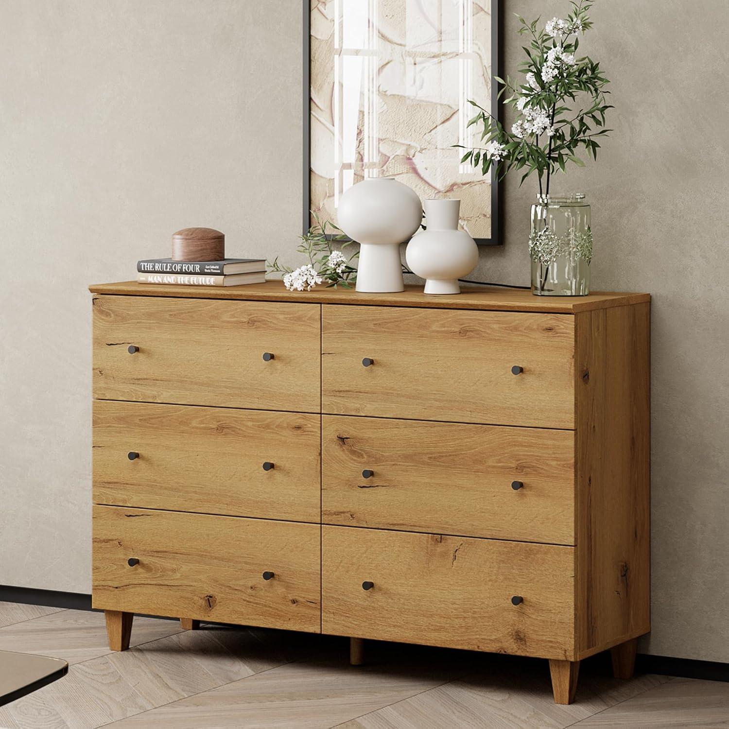 6 Drawers Dresser for Bedroom, Modern Wide Double Dressers with Chest of Drawers, Wooden Closet Organizer, Oak Brown Wood Finish