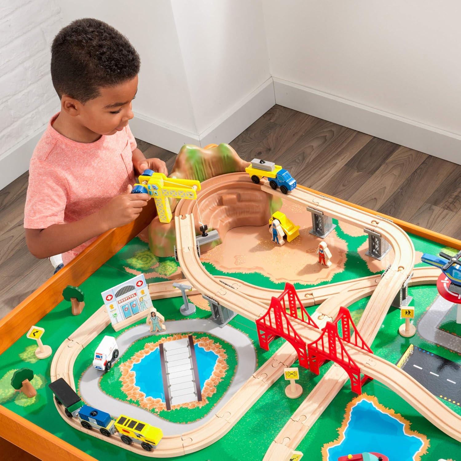 Ride Around Town Wooden Train Set with Table and 100 Pieces