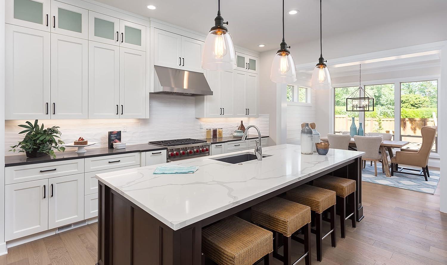 PERMO Vintage Rustic Industrial 3-Lights Kitchen Island Chandelier Triple 3 Heads Pendant Hanging Ceiling Lighting Fixture with Funnel Flared Clear Glass Shade (Black)