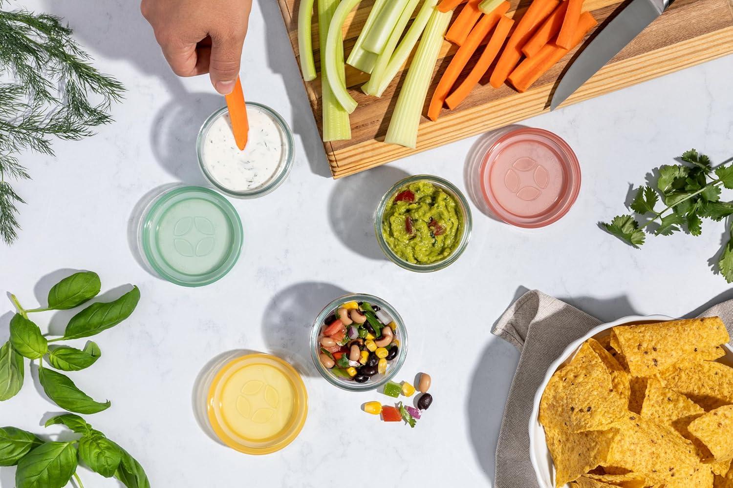Ello 6pc Glass Condiment Color Lock Food Storage Container Set: Microwave & Oven Safe, Multicolored Lids