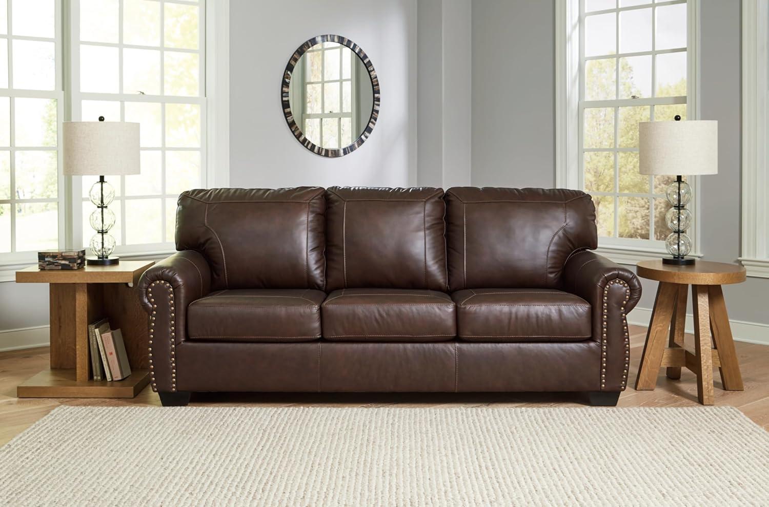 Traditional Brown Faux Leather Sofa with Nailhead Trim