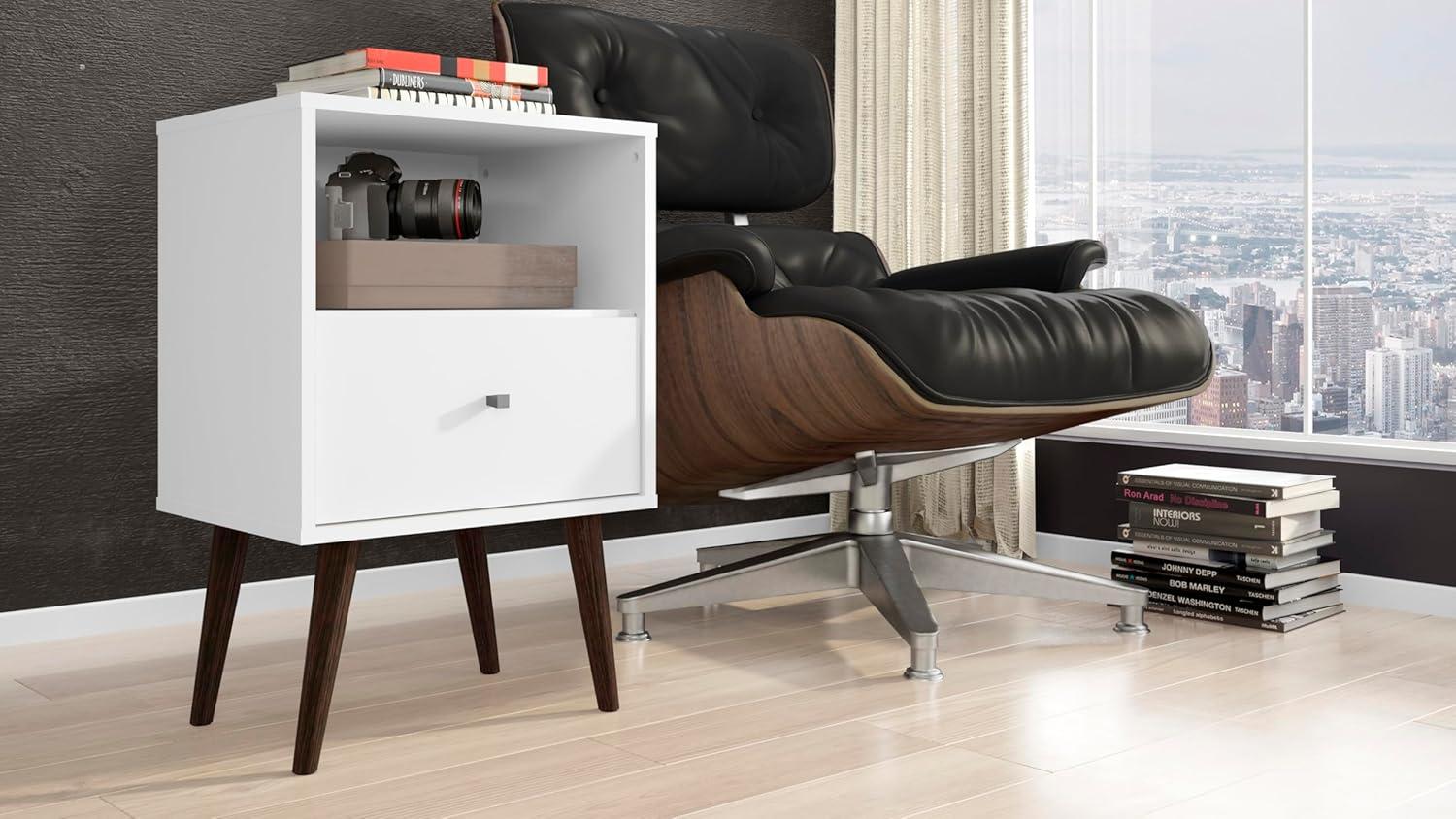 Liberty 1.0 Mid Century Modern Nightstand White - Manhattan Comfort: Bedside Table with Storage & Shelving