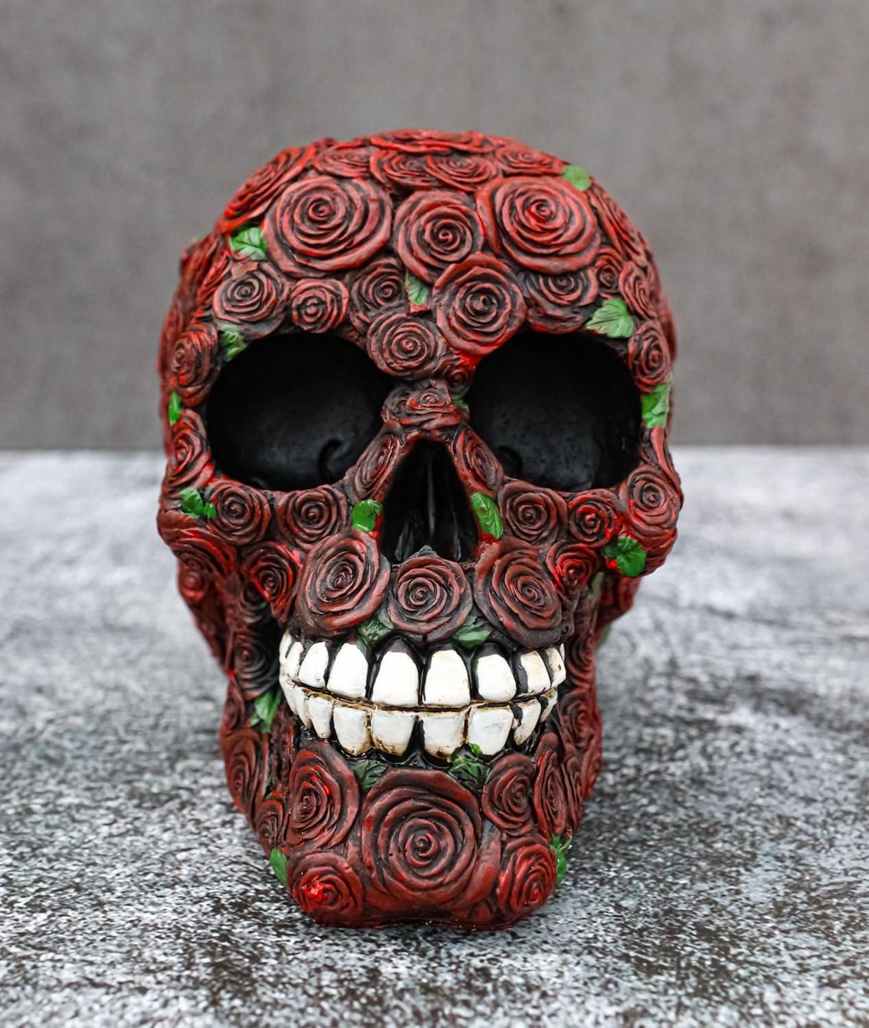 Day of The Dead Red Floral Roses With Green Petals Sugar Skull Figurine Decor