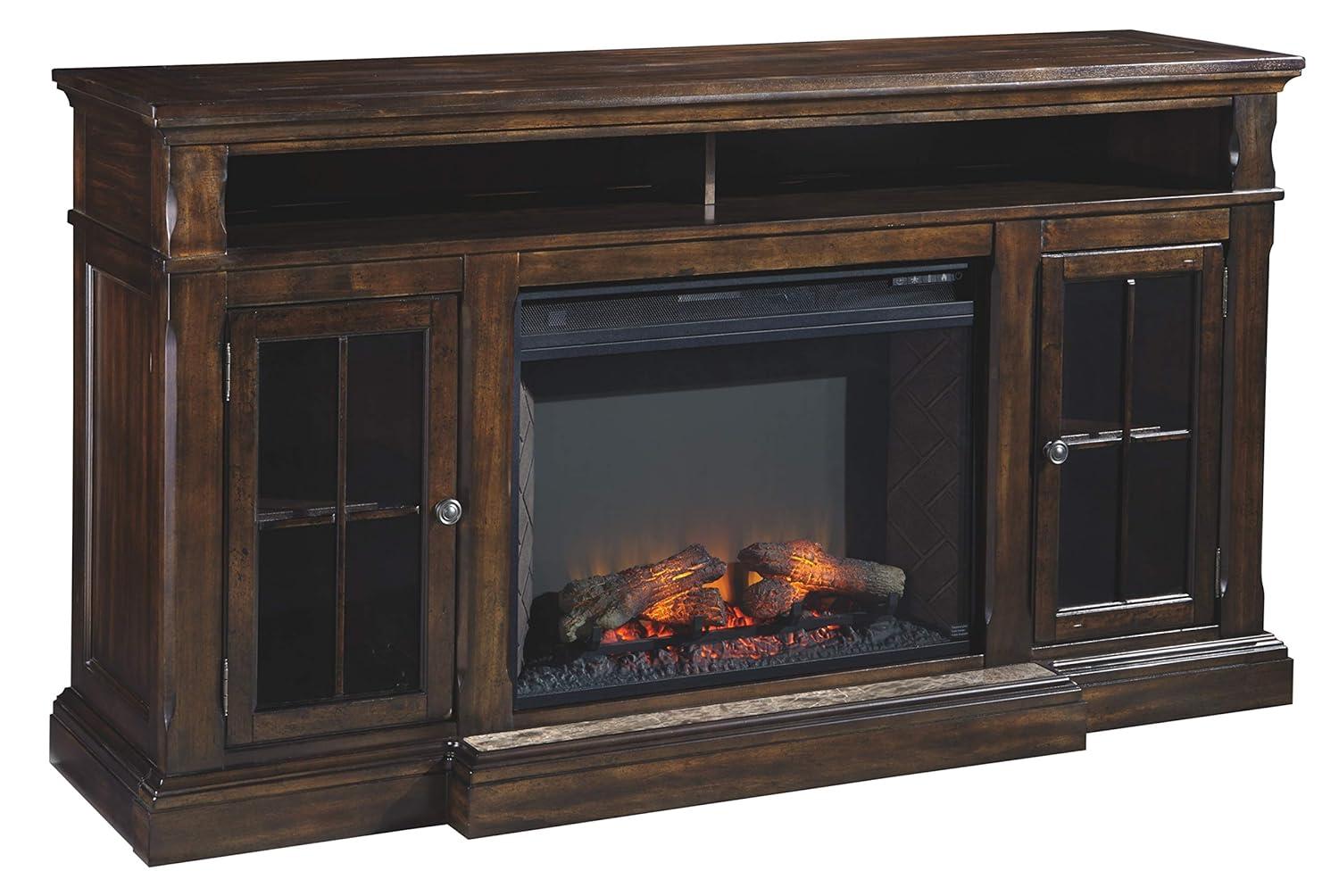 Ashley Roddinton 74" TV Stand with Marble Inset Base in Dark Brown