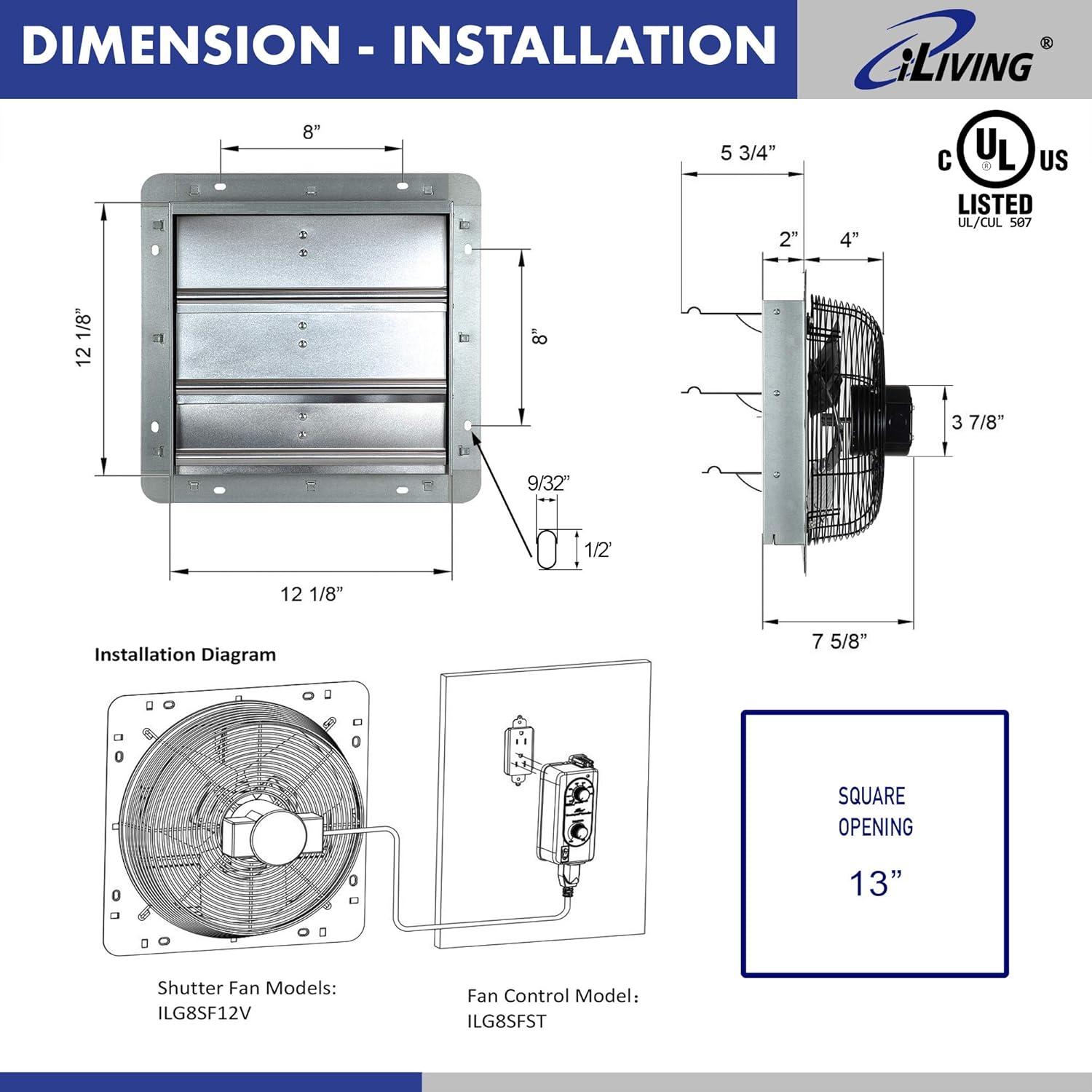 iLIVING ILG8SF12V-ST 12" Wall Mounted Shutter Exhaust Fan, Automatic Shutter, with Thermostat and Variable Speed controller, 0.6A, 960 CFM, 1400 SQF Coverage Area Silver