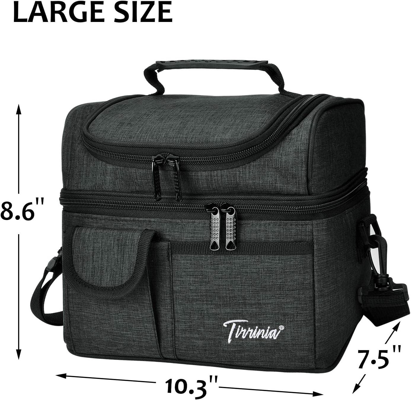 Tirrinia Dual Compartment Lunch Bag with Shoulder Strap for Adults, Large Lunch Bags, Insulated Leakproof Thermal Lunch Totes, Charcoal