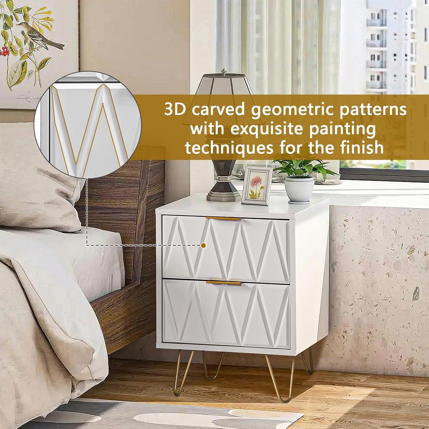 White and Gold Nightstand Set of 2,Modern Bedside Table with 2 Drawer for Bedroom,End Side Table with Gold Legs for Living Room,White Night Stand Set 2 for Bedroom