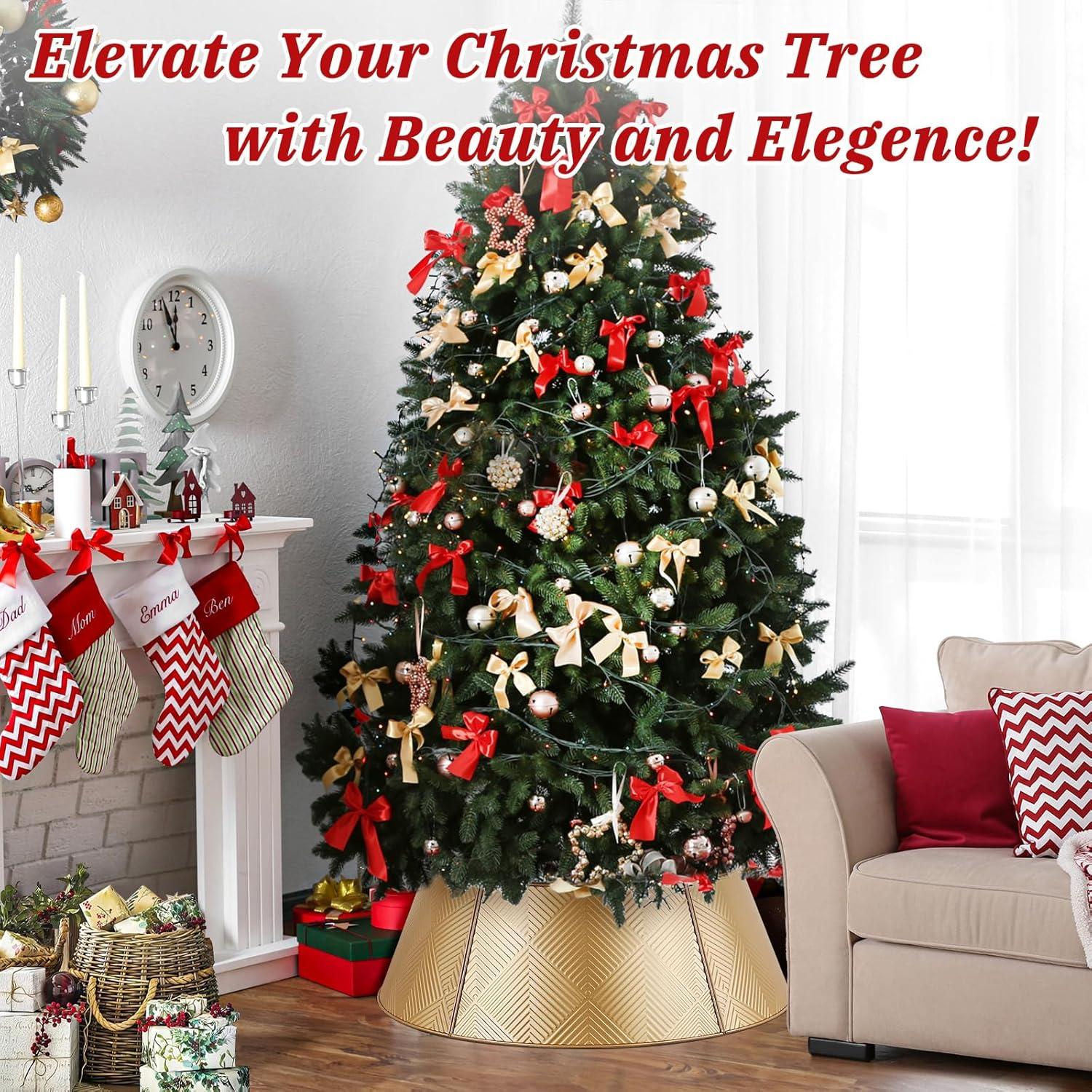Nordic Hygge 28’’ Christmas Tree Collar, Gold Tree Skirt for Christmas Tree Decor, Christmas Tree Base Cover with Printed Patterns, Metal Tree Collar for Pencil Tree of Living Room