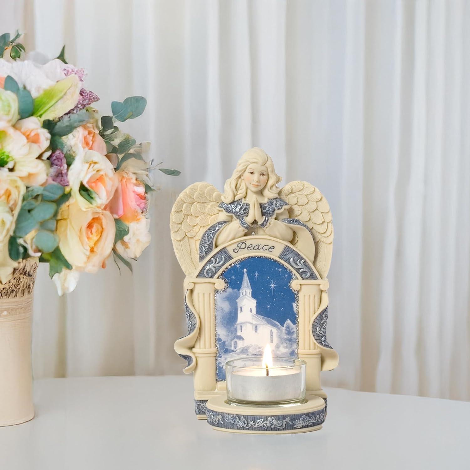 Pavilion Gift Company Angel w/Church Scene Figurine, Off-White, Blue