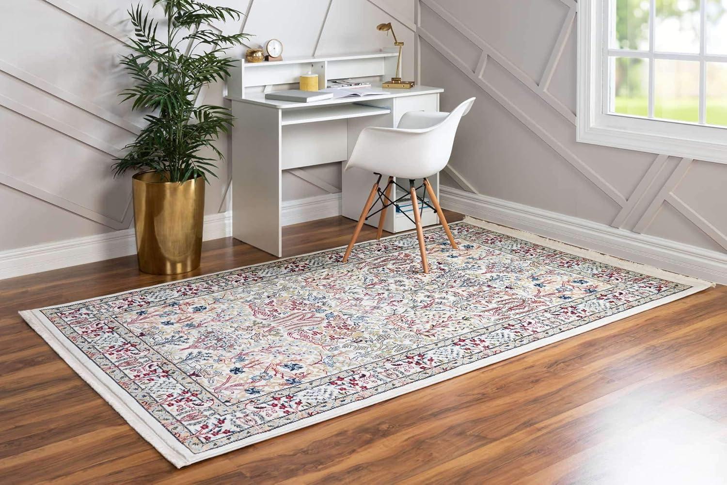 Ivory and Beige Rectangular Stain-Resistant Synthetic Rug